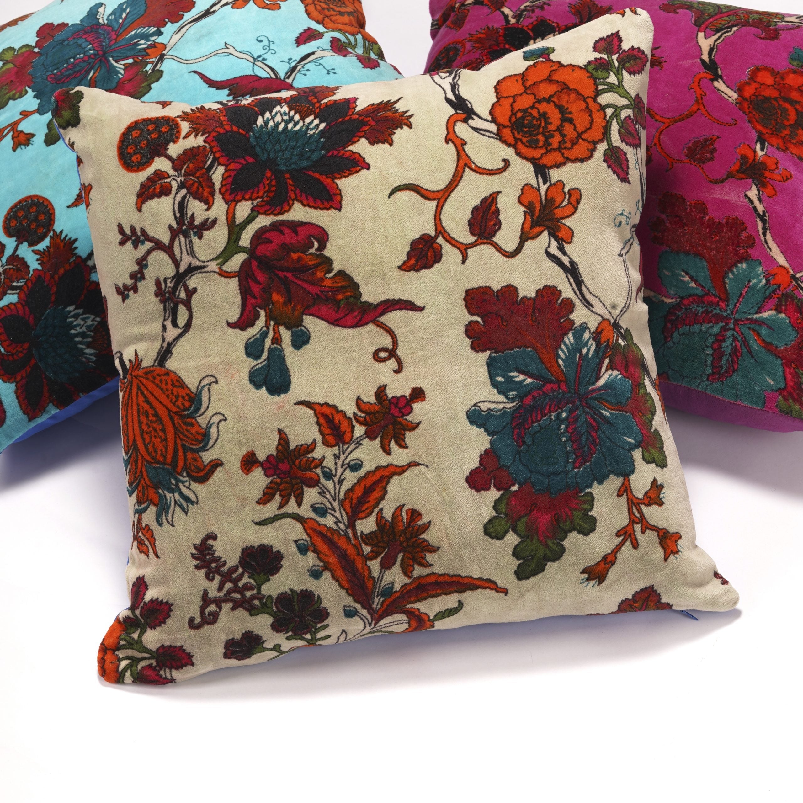 Cotton Velvet Floral Cushion - Beige