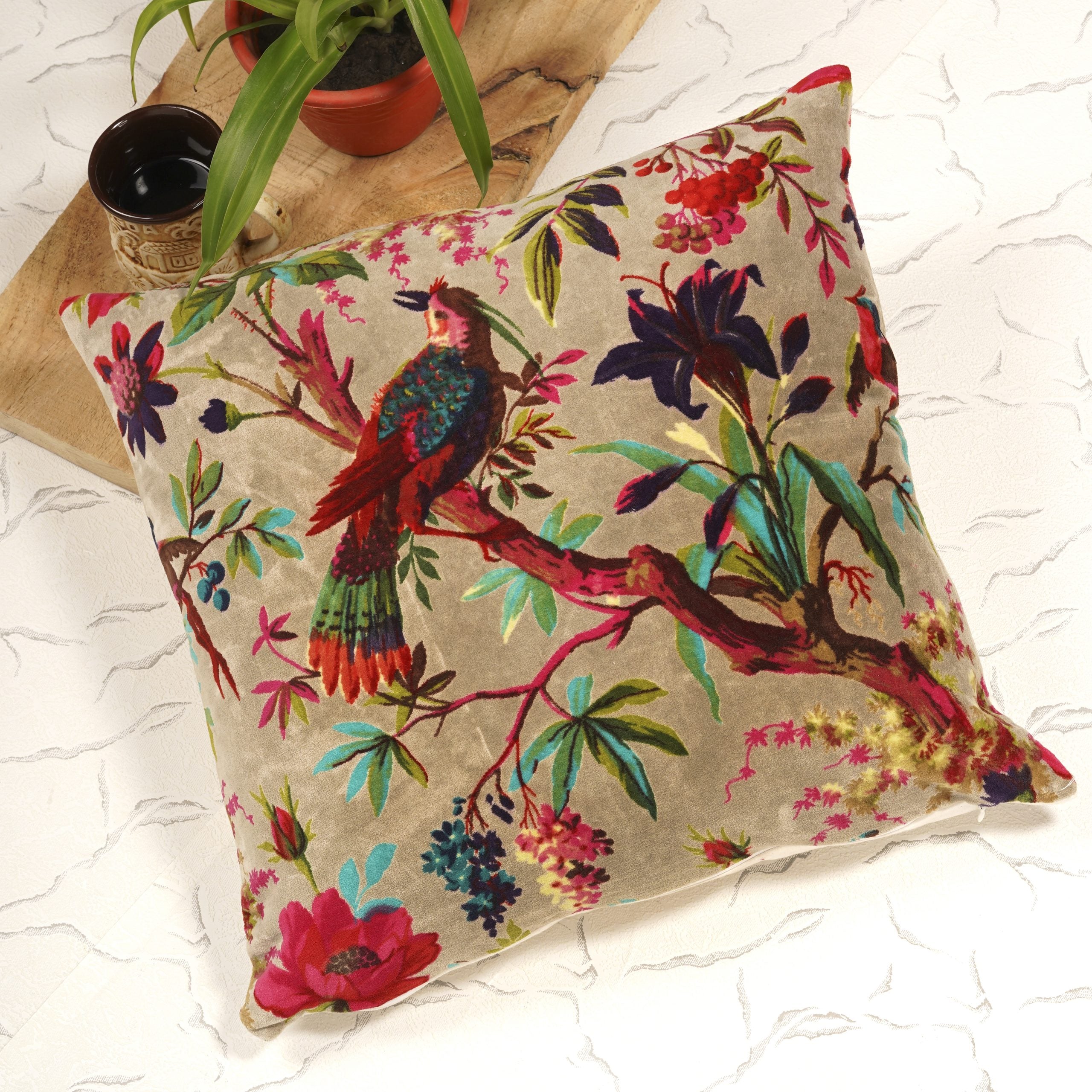 'Botanical Harmony' Cotton Velvet Cushion Cover