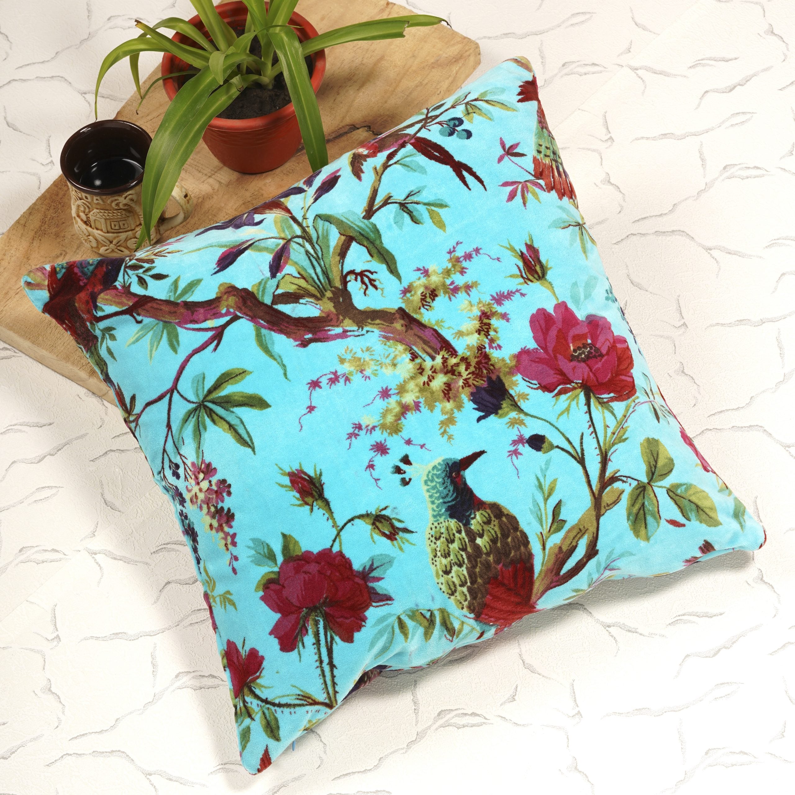 Cotton Velvet Cushion - Bird of Paradise Sky