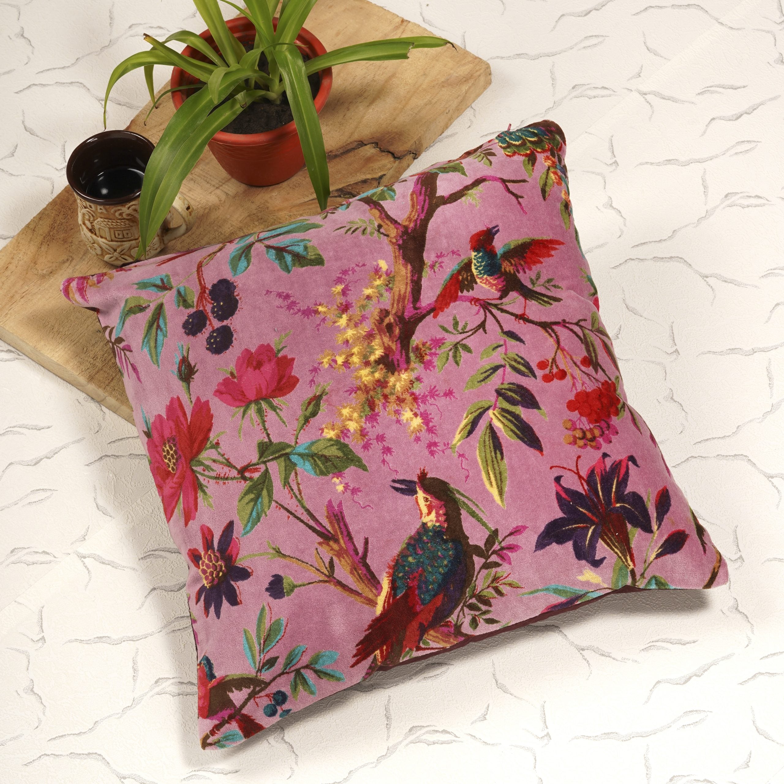 'Paradise Wings' Velvet Cushion Cover - Floral Print