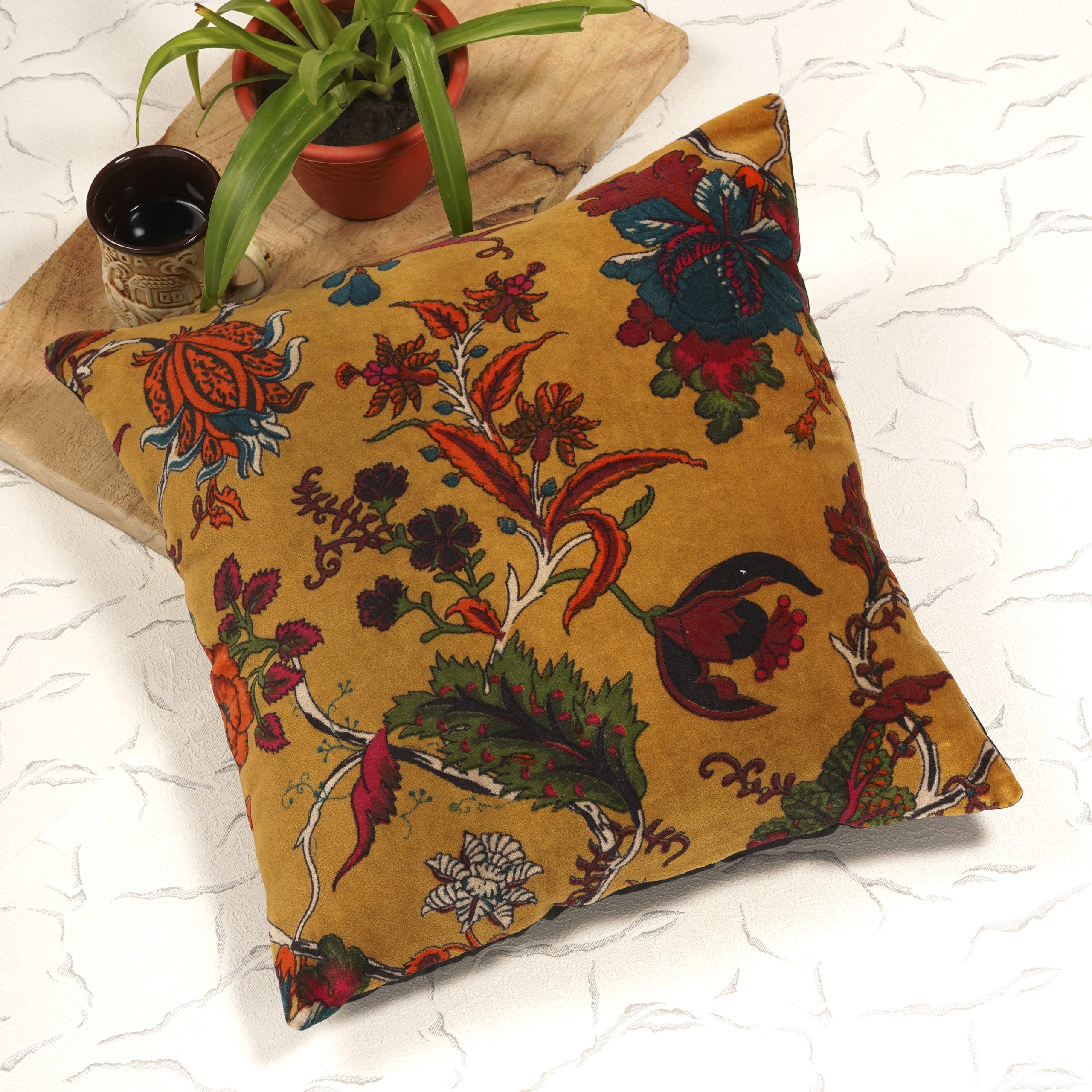 Cotton Velvet Floral Cushion - Frida-Inspired Design