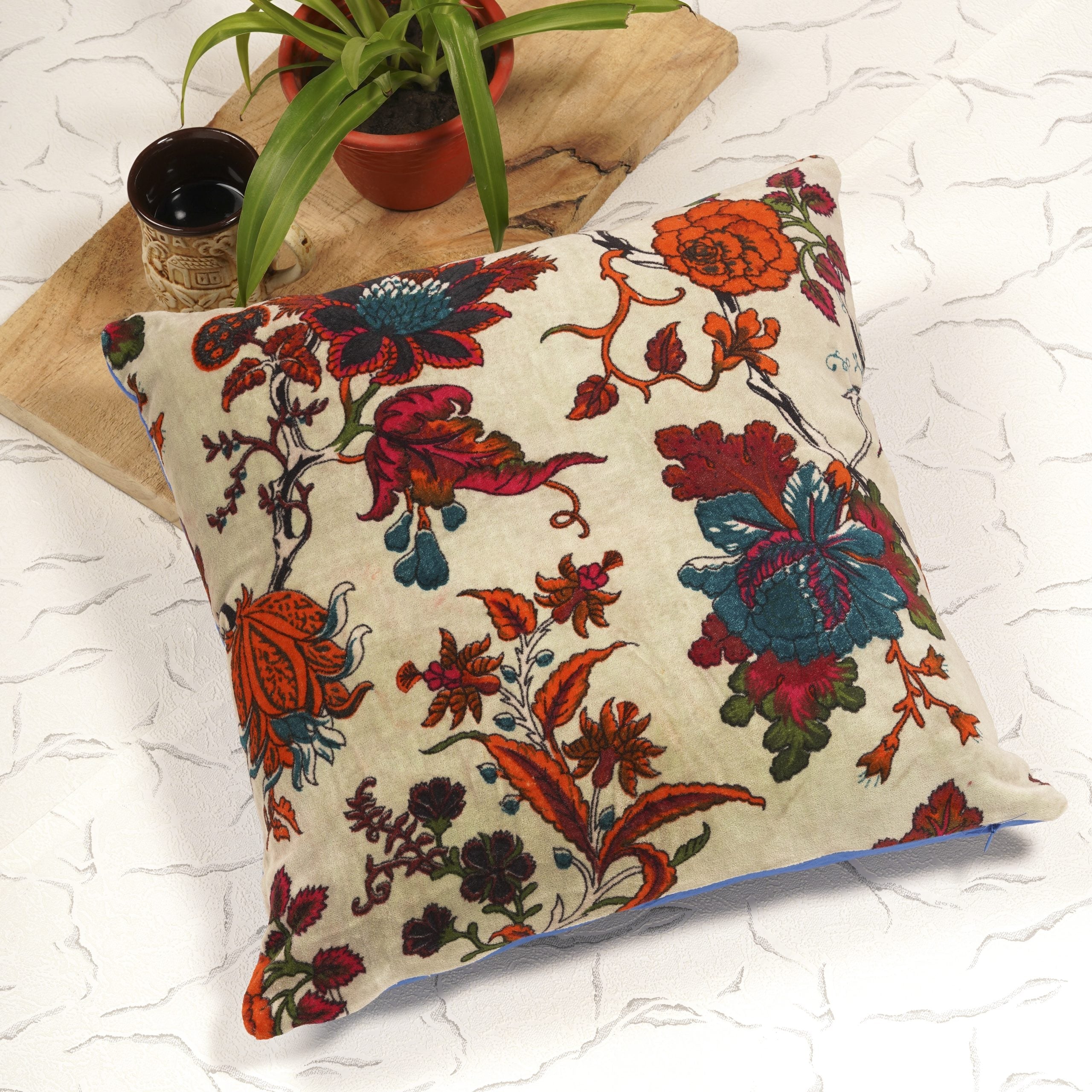 Cotton Velvet Floral Cushion - Beige