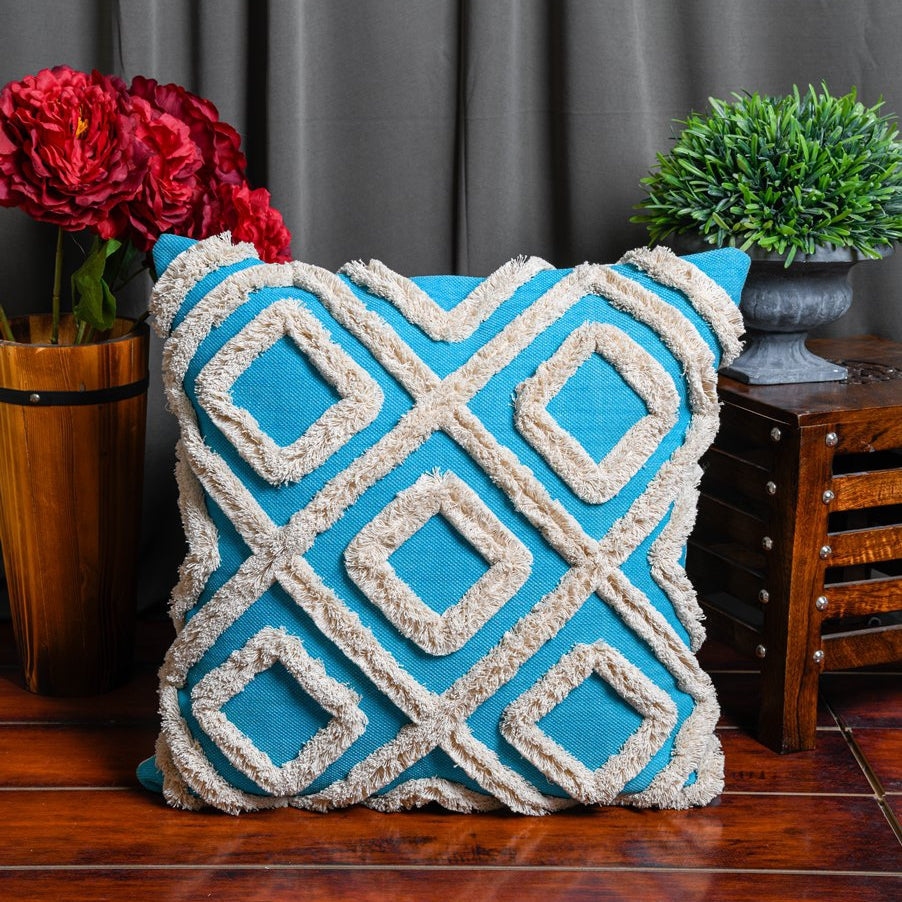 Tufted Blue Boho Moroccan Tassels Cushion Cover