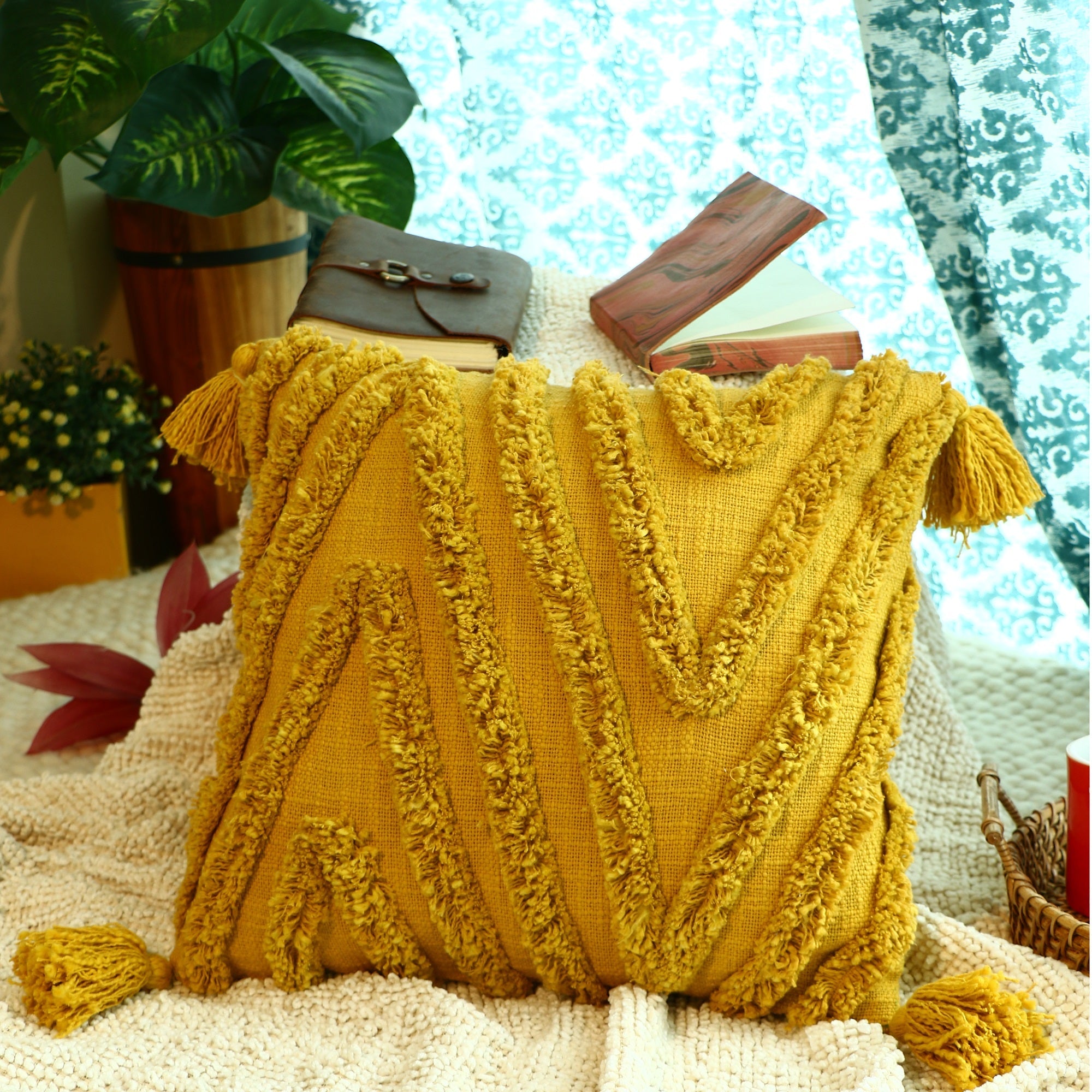 Yellow Boho Moroccan Tassels Cushion Cover