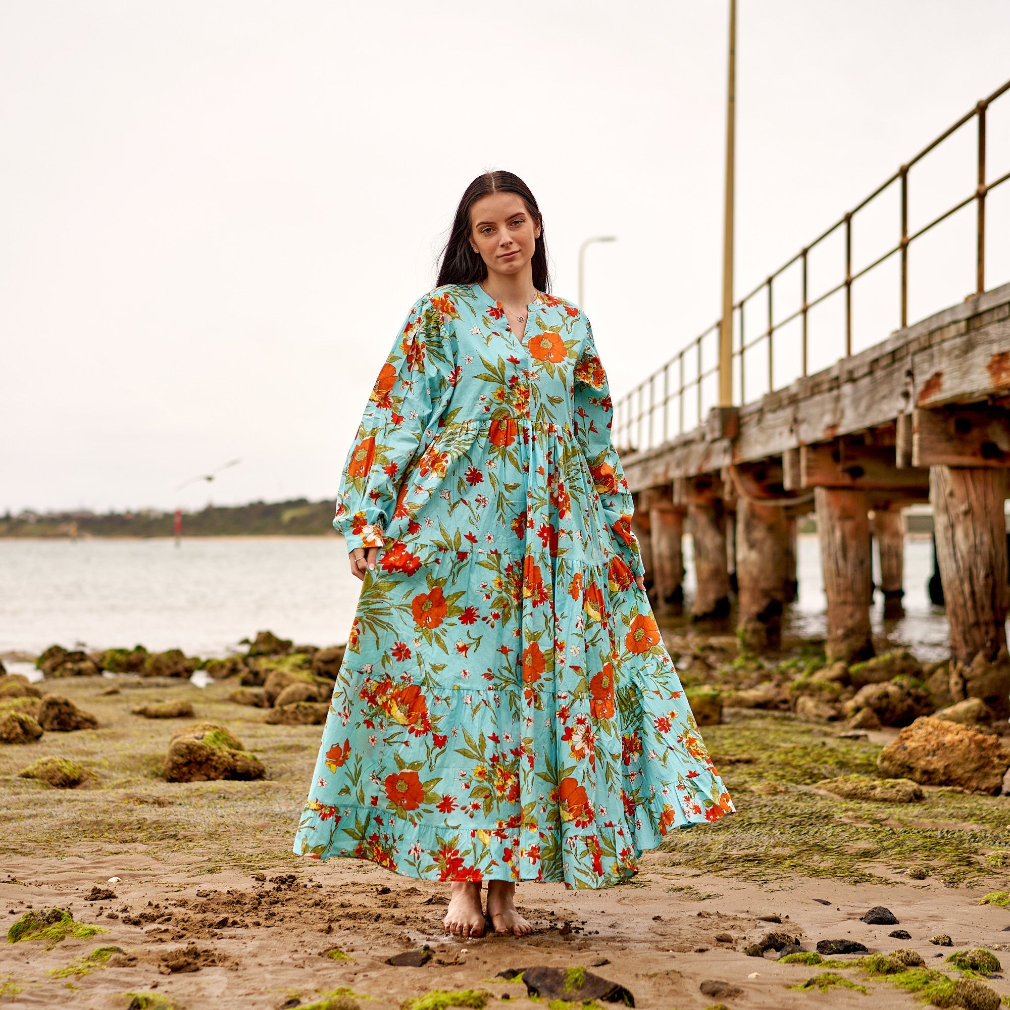 Blue Florals Cotton Maxi Dress | Cool & Calming