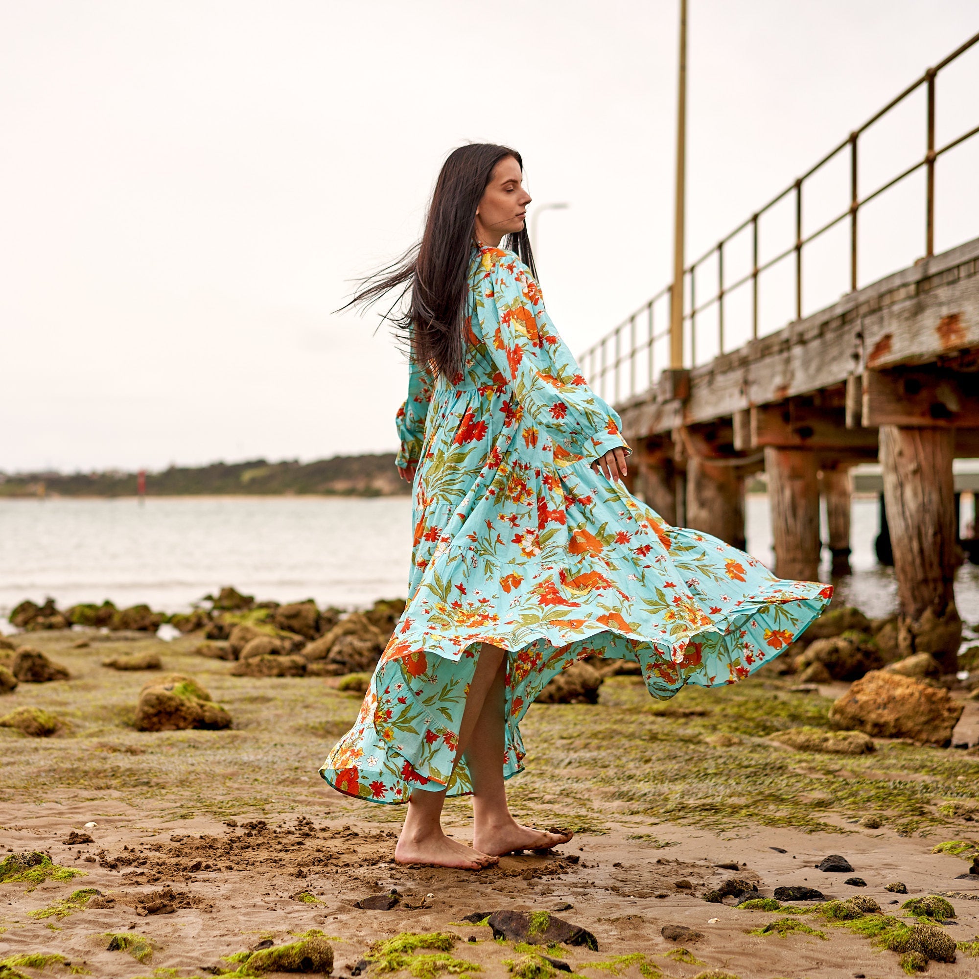 Blue Florals Cotton Maxi Dress | Cool & Calming