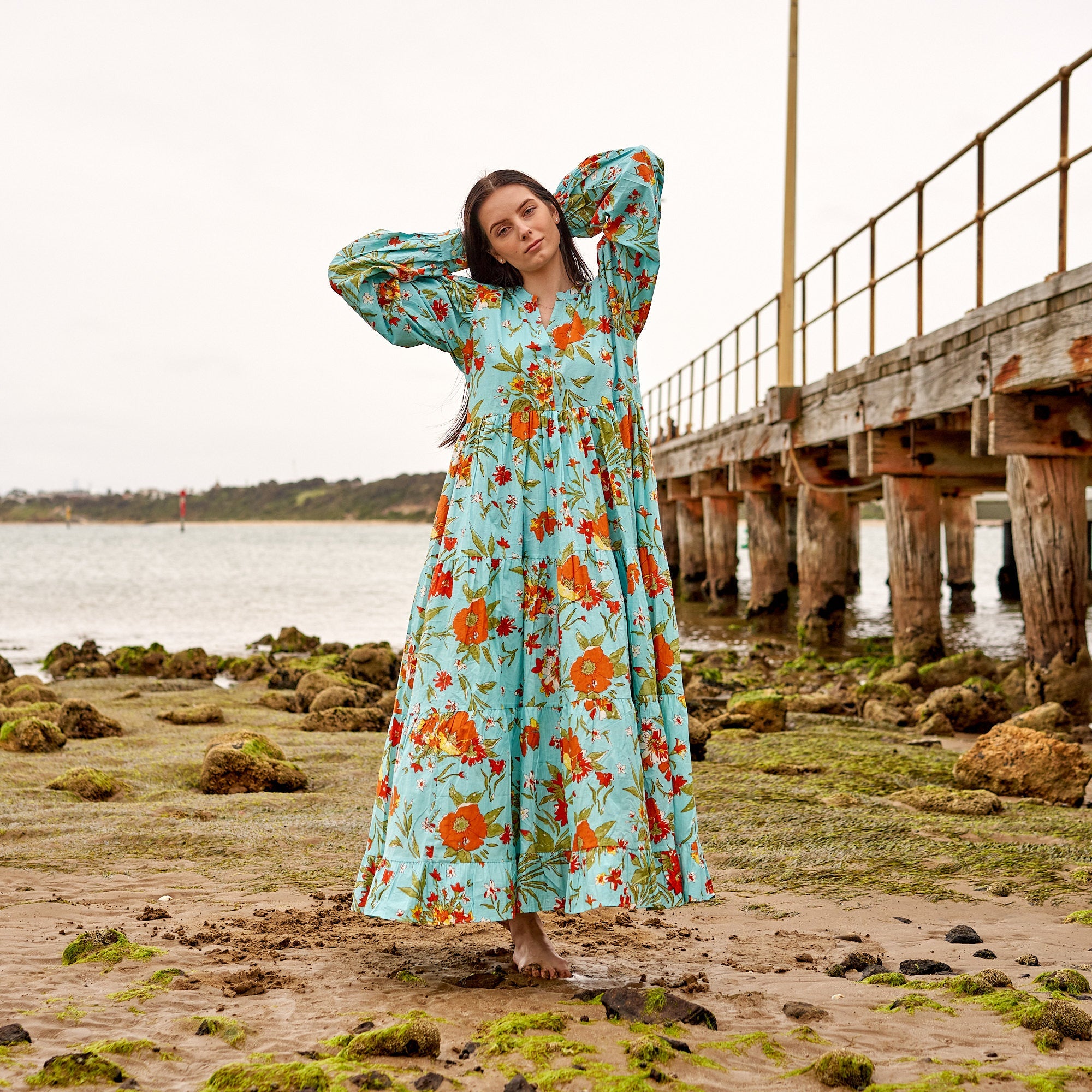 Blue Florals Cotton Maxi Dress | Cool & Calming