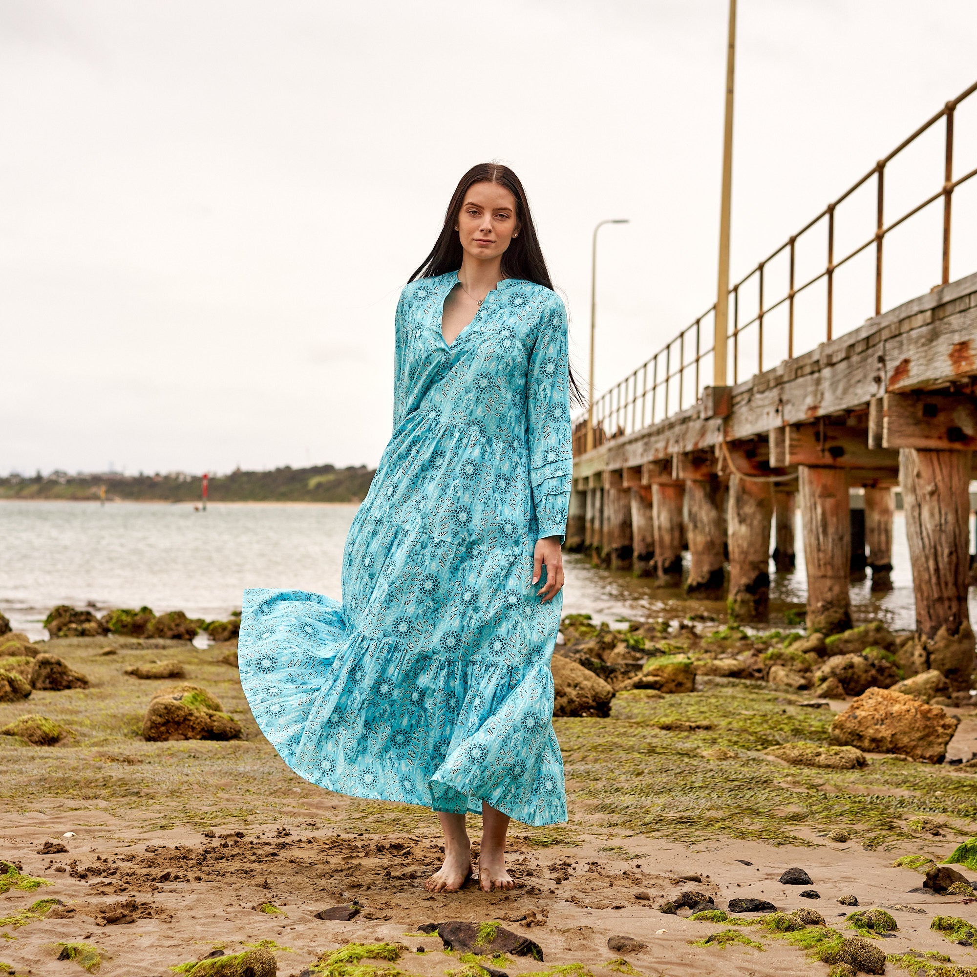 Indigo Blooms Cotton Maxi Dress | Dark Florals