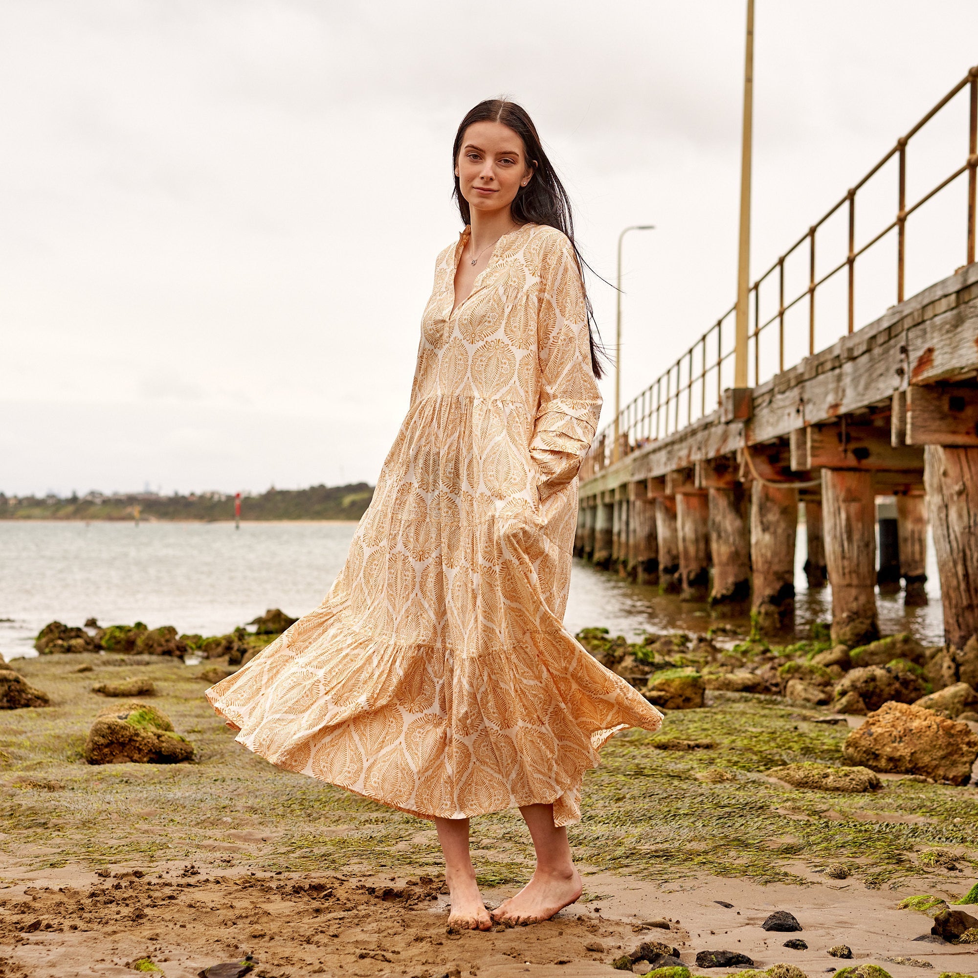 Yellow Leaf Print Cotton Bliss Dress | Natural Look