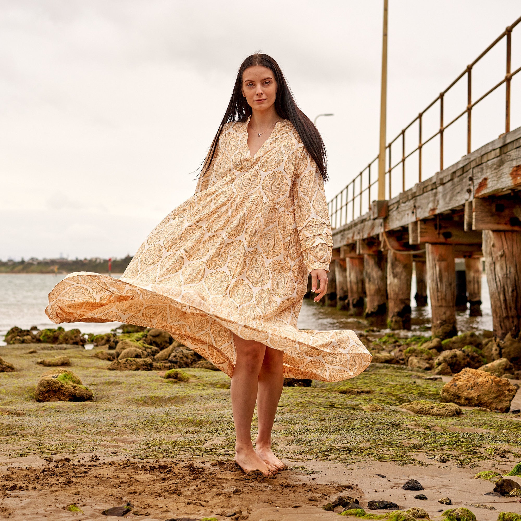 Yellow Leaf Print Cotton Bliss Dress | Natural Look