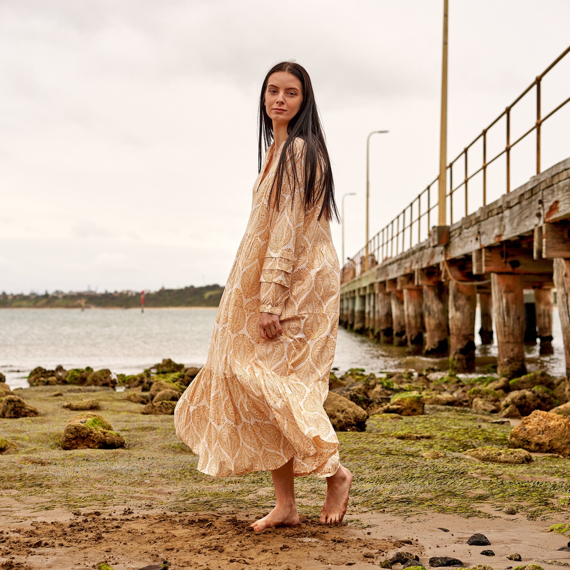 Yellow Leaf Print Cotton Bliss Dress | Natural Look