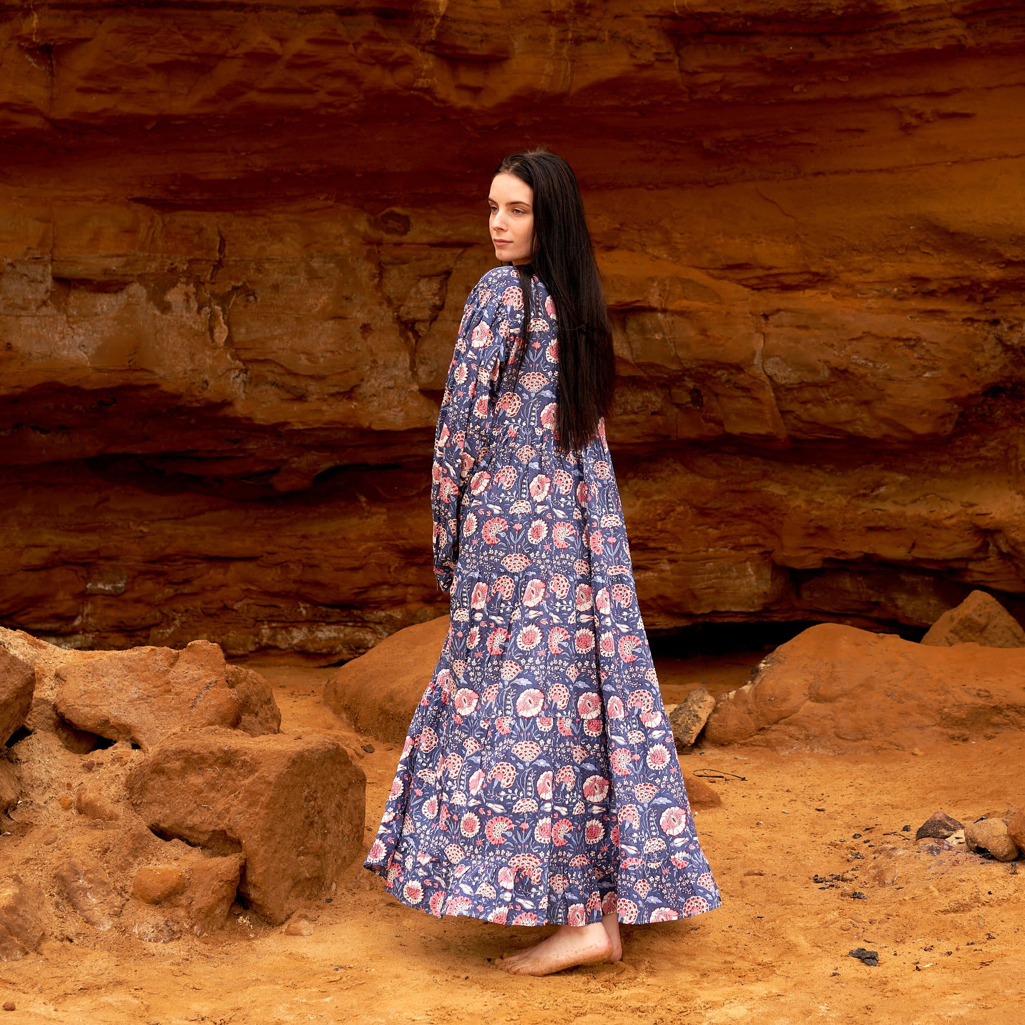 Peach Blossoms in Blue Cotton Maxi Dress | Soft Style