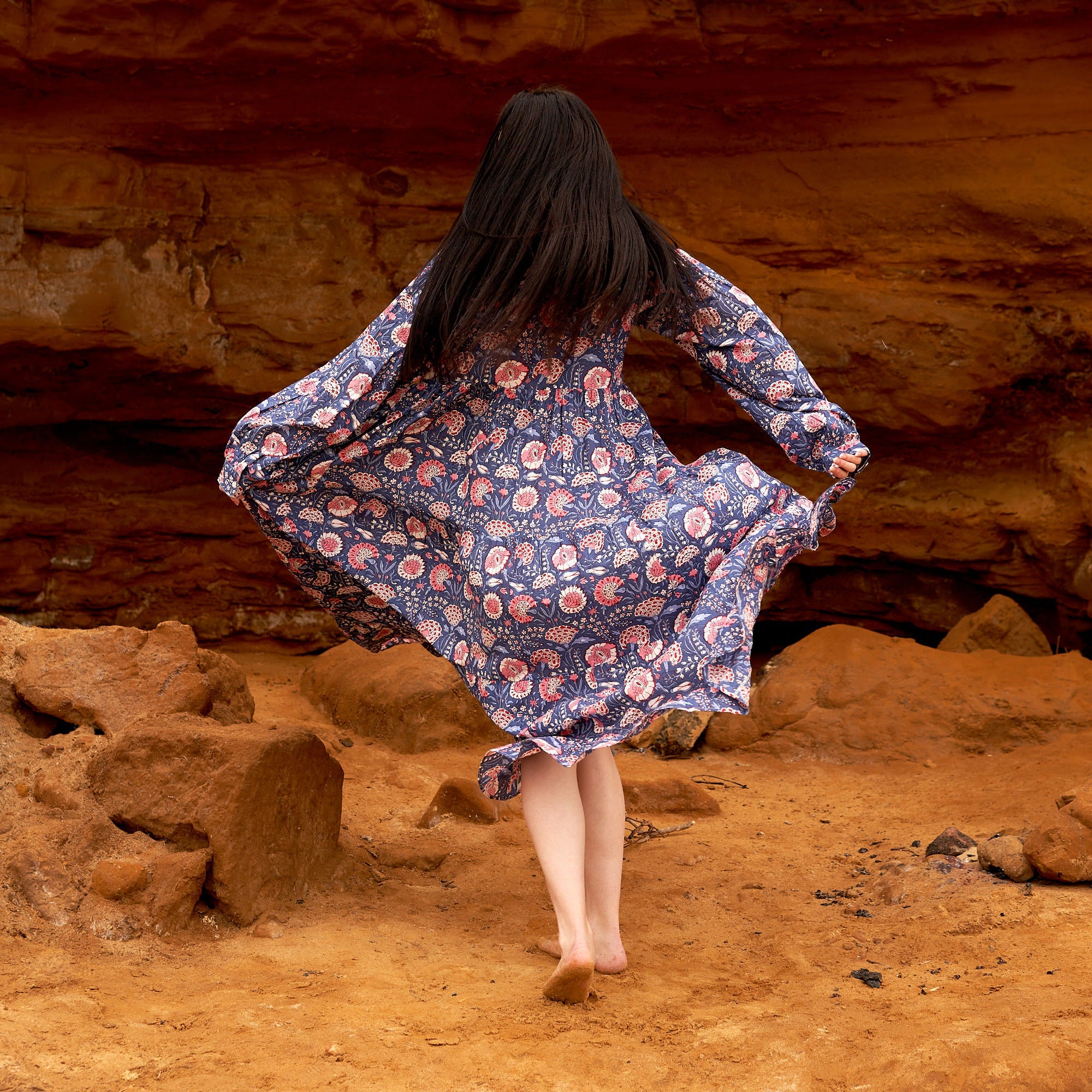 Peach Blossoms in Blue Cotton Maxi Dress | Soft Style