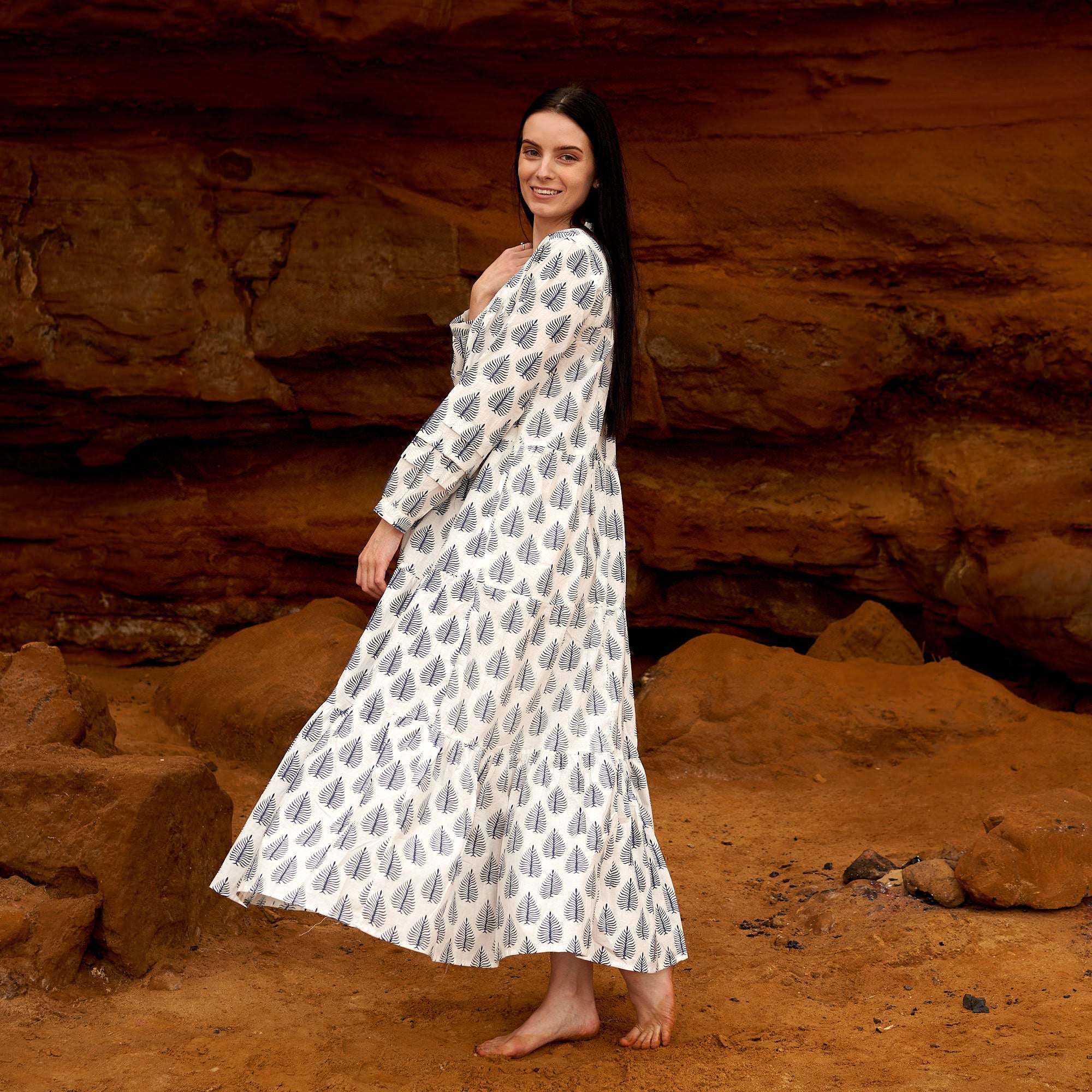 Azure Leaves Cotton Maxi Dress | Cool Tones