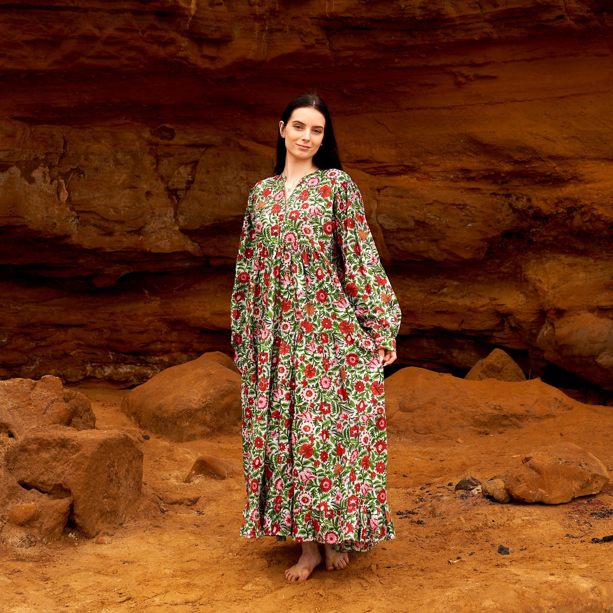 Vermilion Blooms Cotton Maxi Dress | Vibrant Red