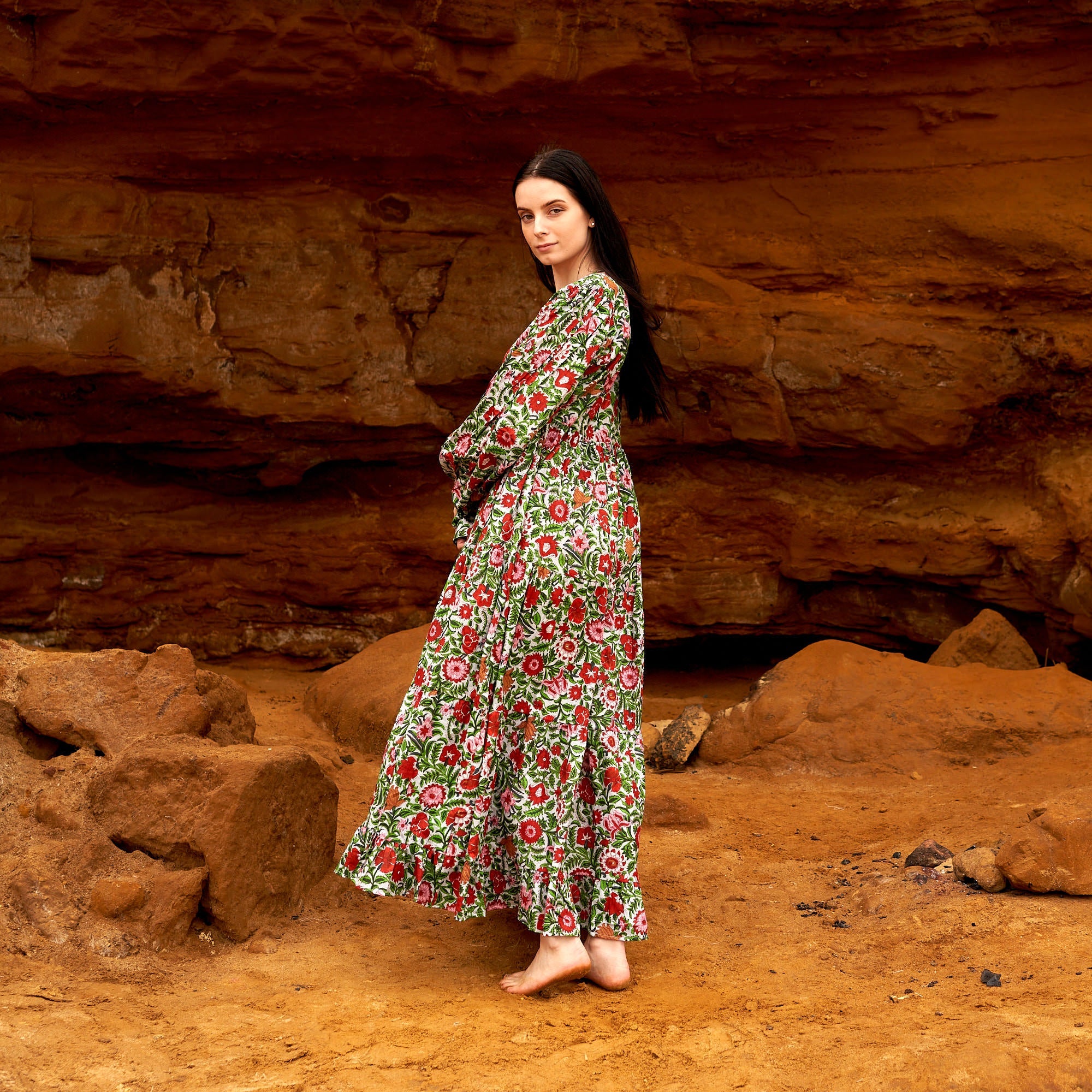 Vermilion Blooms Cotton Maxi Dress | Vibrant Red