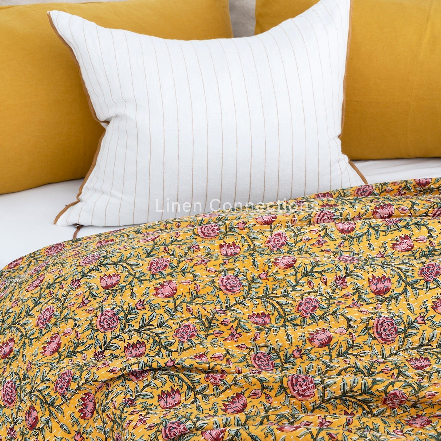 Yellow Twist Boho Eclectica Indian Kantha Quilt