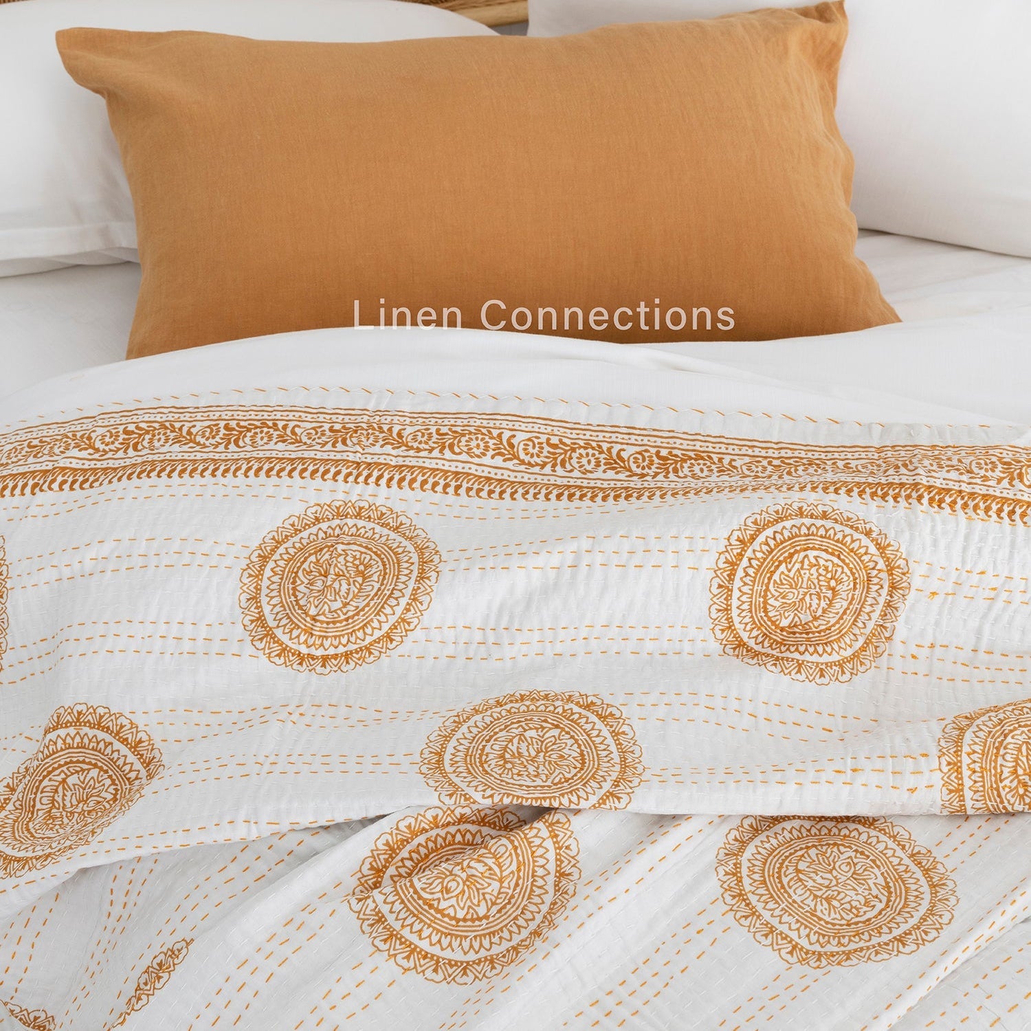 White Amber Boho Eclectica Indian Kantha Quilt