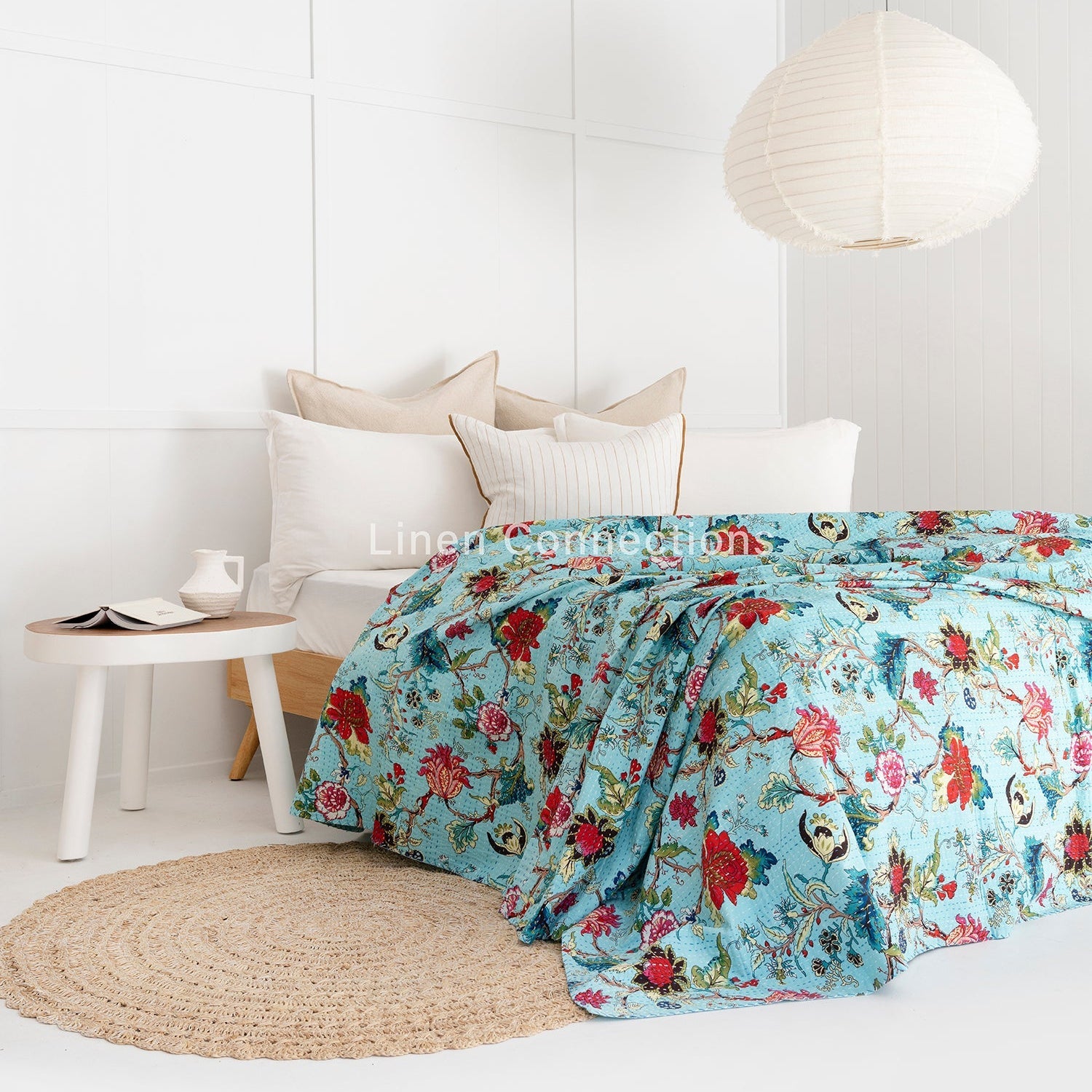 Tropical Blue Boho Eclectica Indian Kantha Quilt