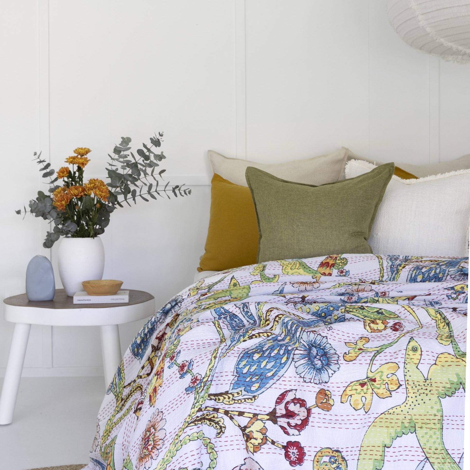 White Peacock Kantha Quilt Blanket - Indian Bedspread