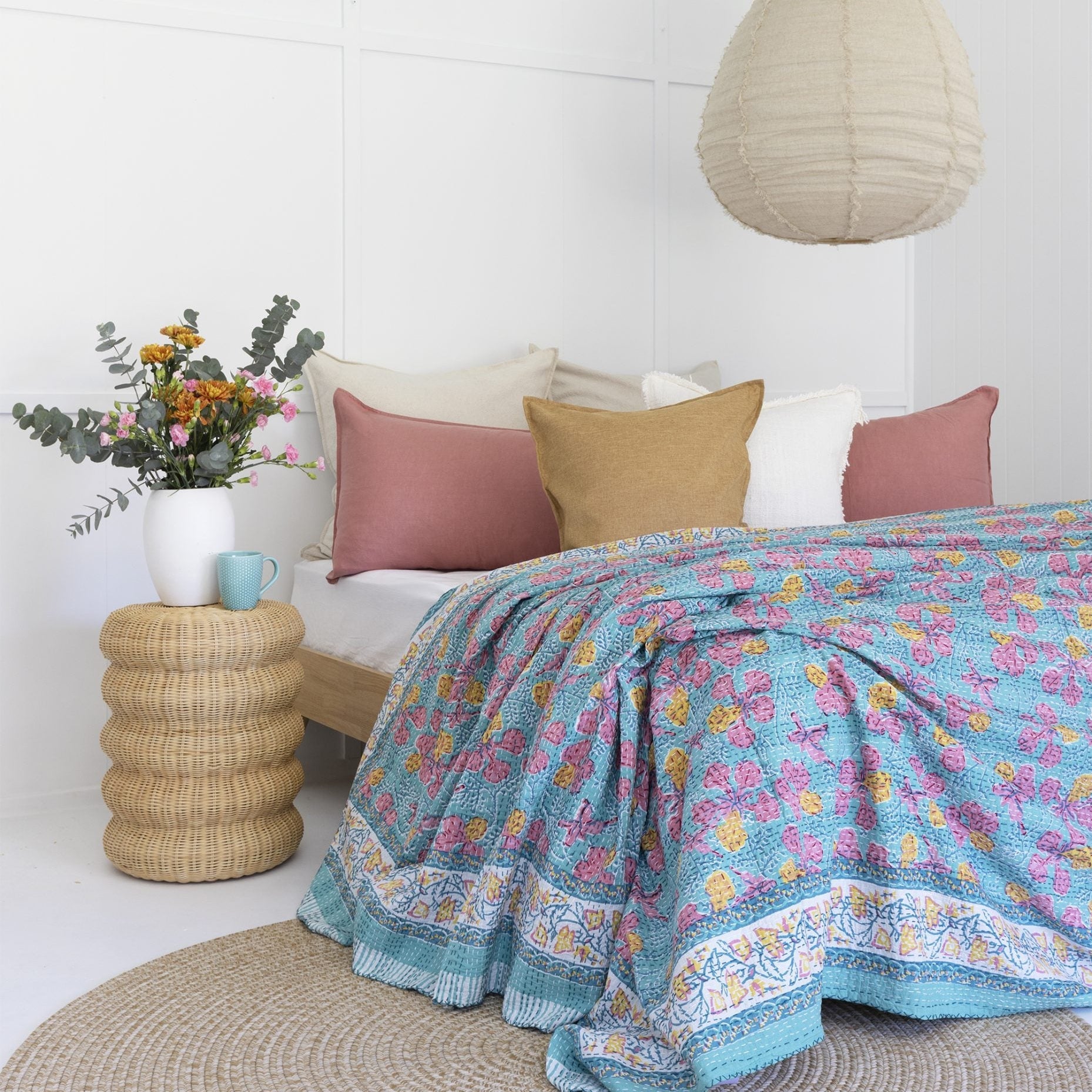 Block Print Floral Kantha Quilt - Indian Bedspread