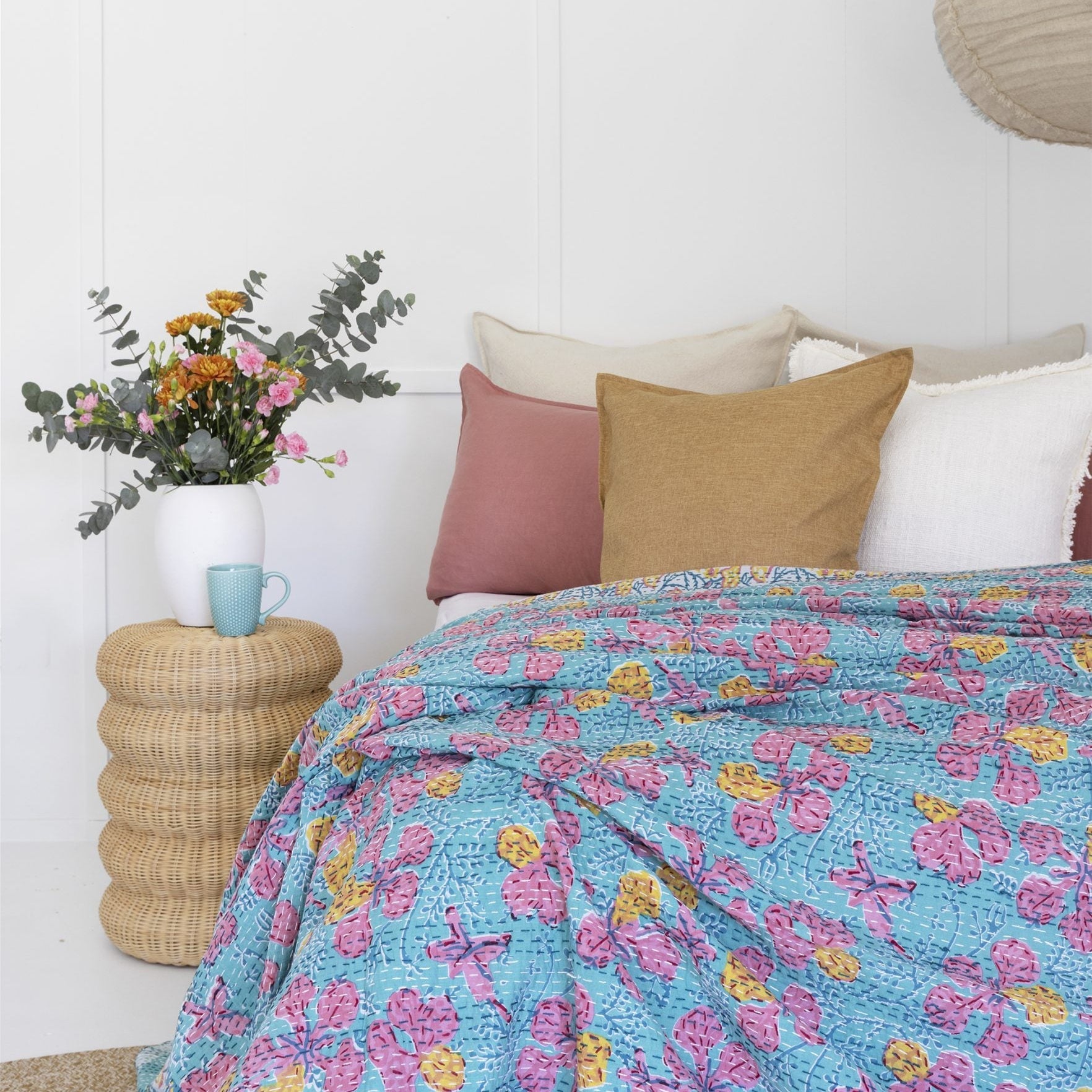 Block Print Floral Kantha Quilt - Indian Bedspread