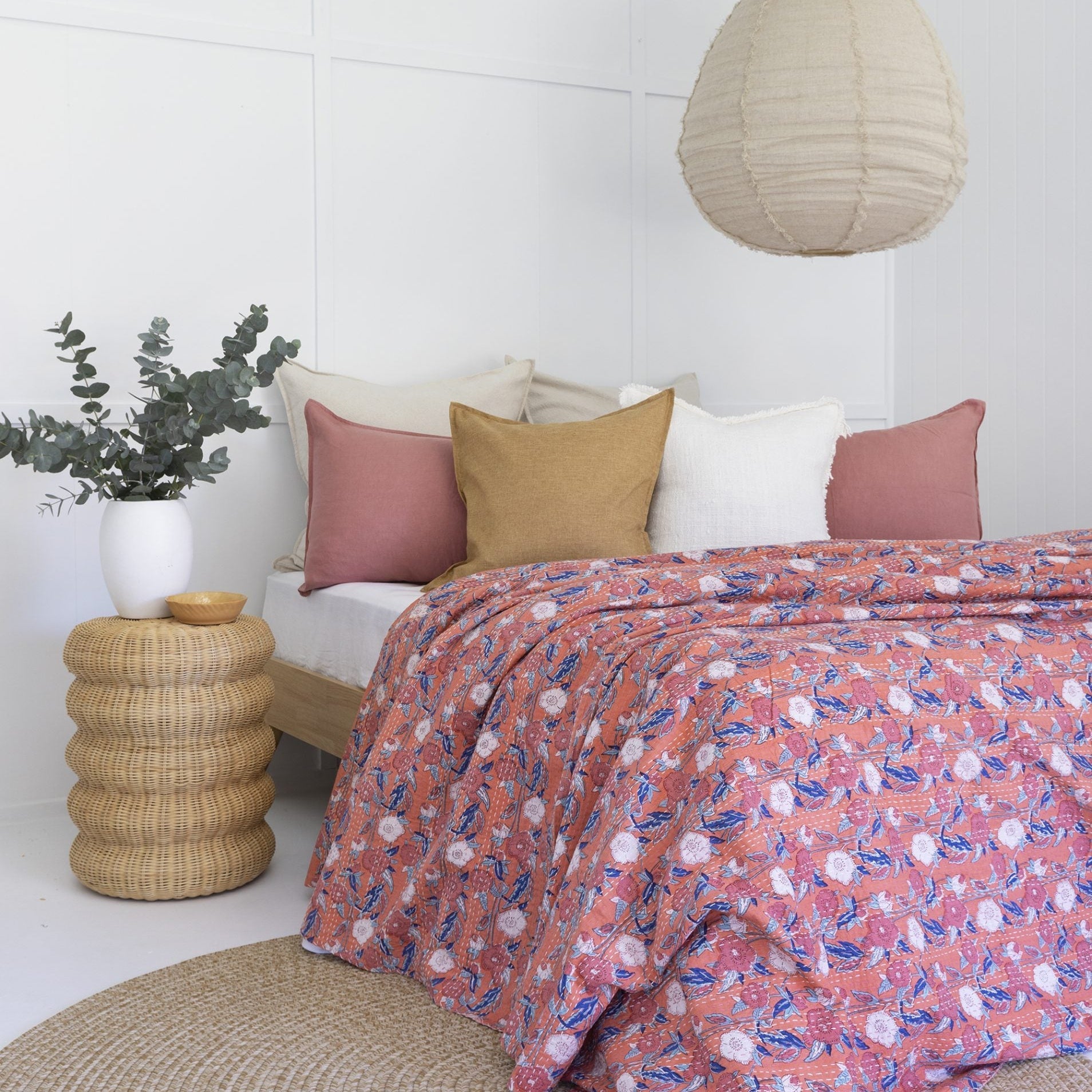 Floral Pink Kantha Quilt Blanket - Indian Bedspread