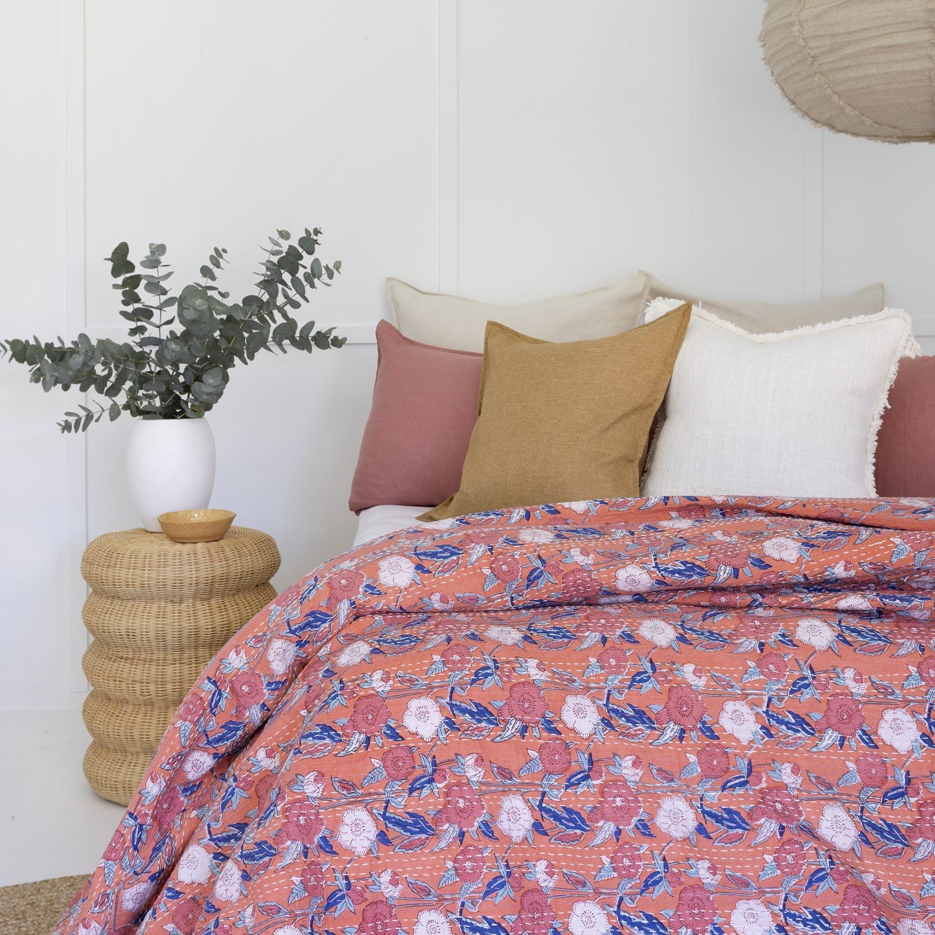 Floral Pink Kantha Quilt Blanket - Indian Bedspread