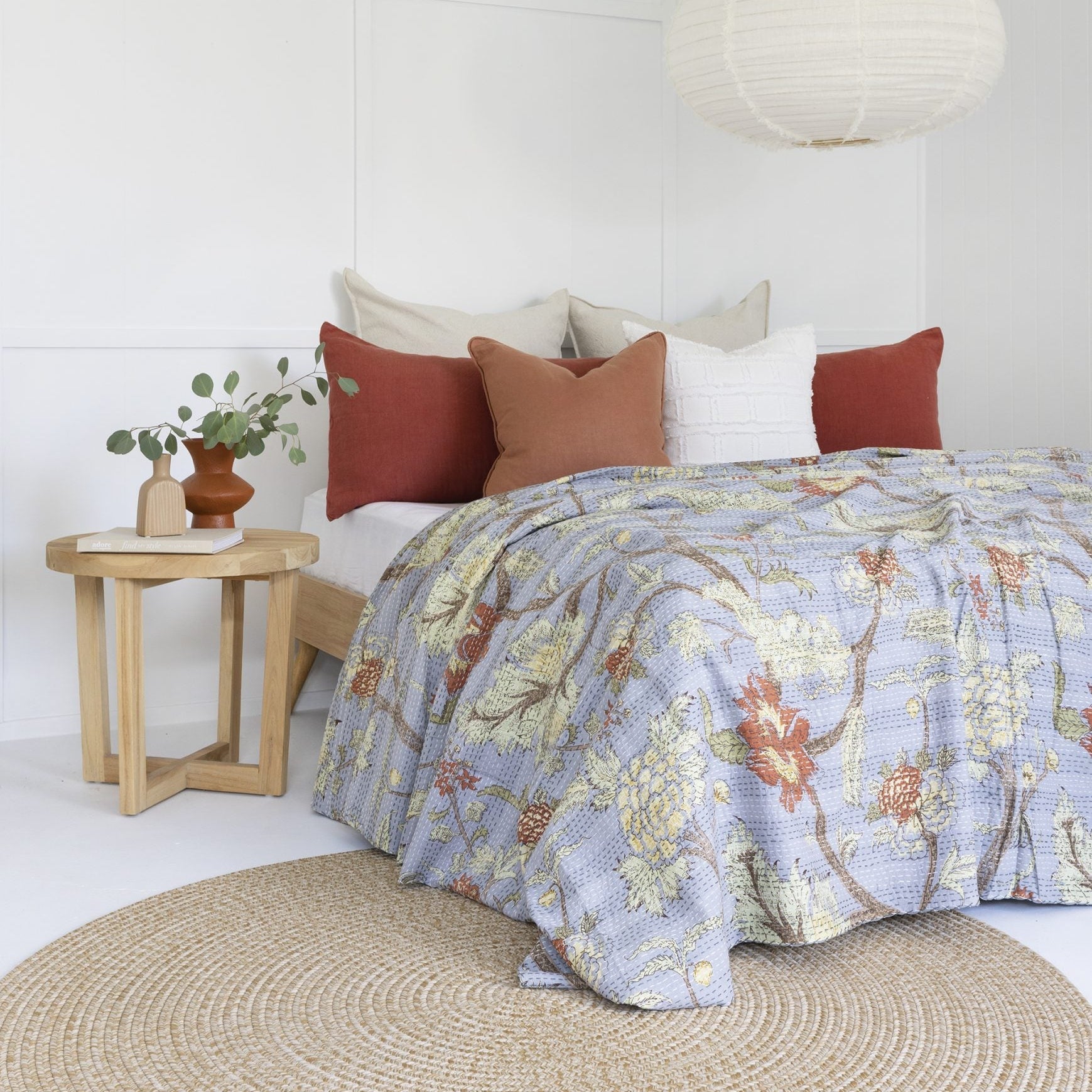 Dusty Garden Kantha Quilt Blanket - Indian Bedspread