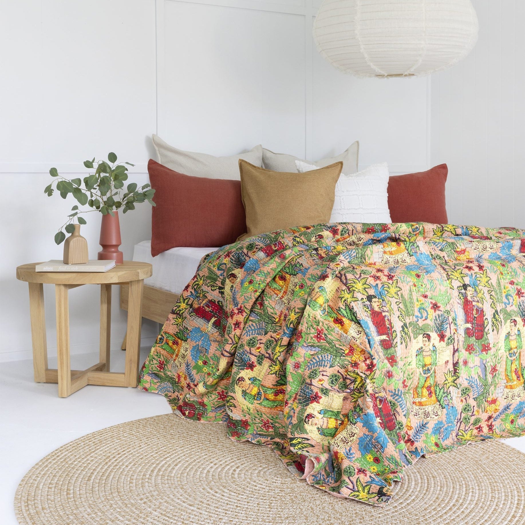 Beige Frida Kantha Quilt Blanket - Indian Bedspread