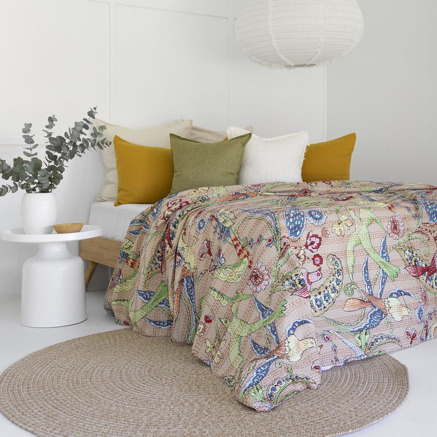 Beige Peacock Kantha Quilt Blanket - Indian Bedspread