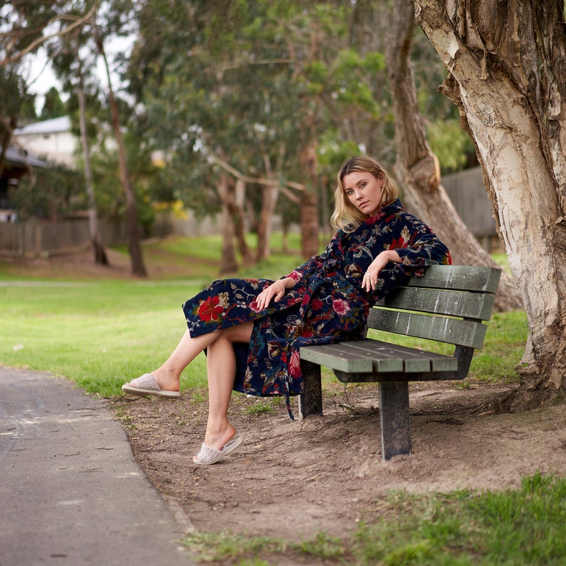 Velvet Floral Kimono - 100% Cotton Bathrobe