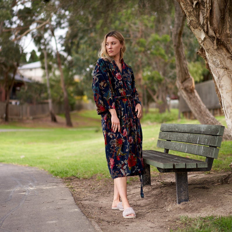 Velvet Floral Kimono - 100% Cotton Bathrobe