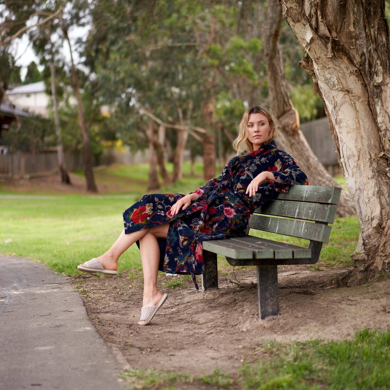 Velvet Floral Kimono - 100% Cotton Bathrobe