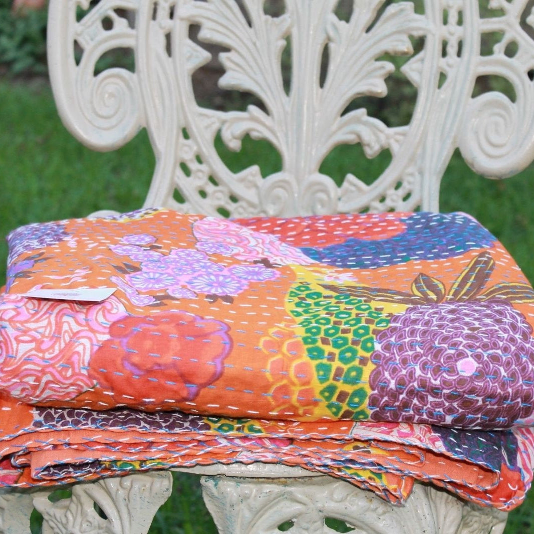 Orange Garden Handmade Kantha Quilt Blanket