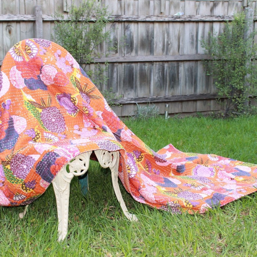 Orange Garden Handmade Kantha Quilt Blanket