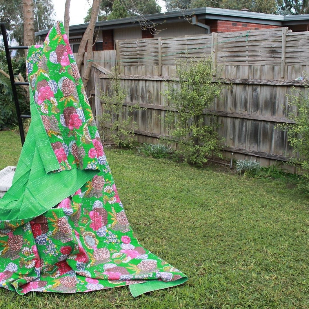 Boho Kantha Quilt - Tranquil Hues, Handcrafted