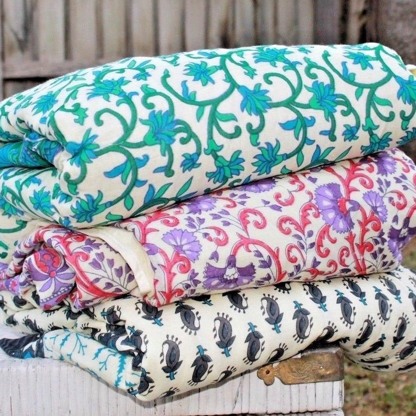 Vintage Kantha Hand Block Print Quilt