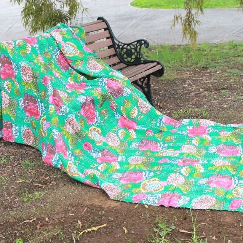 Boho Kantha Quilt - Parrot Green, Handmade Design