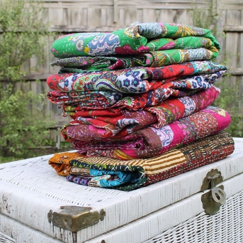 Boho Kantha Quilt - Parrot Green, Handmade Design