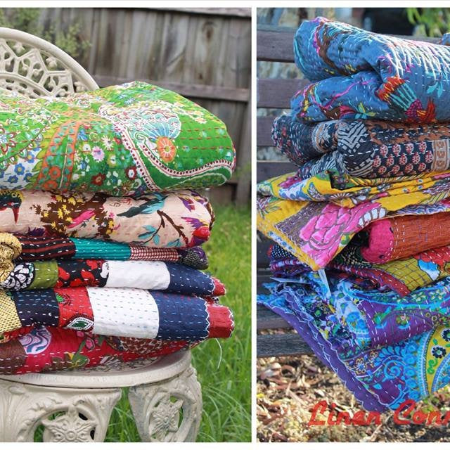 Peaches Handmade Kantha Quilt Blanket Duvet