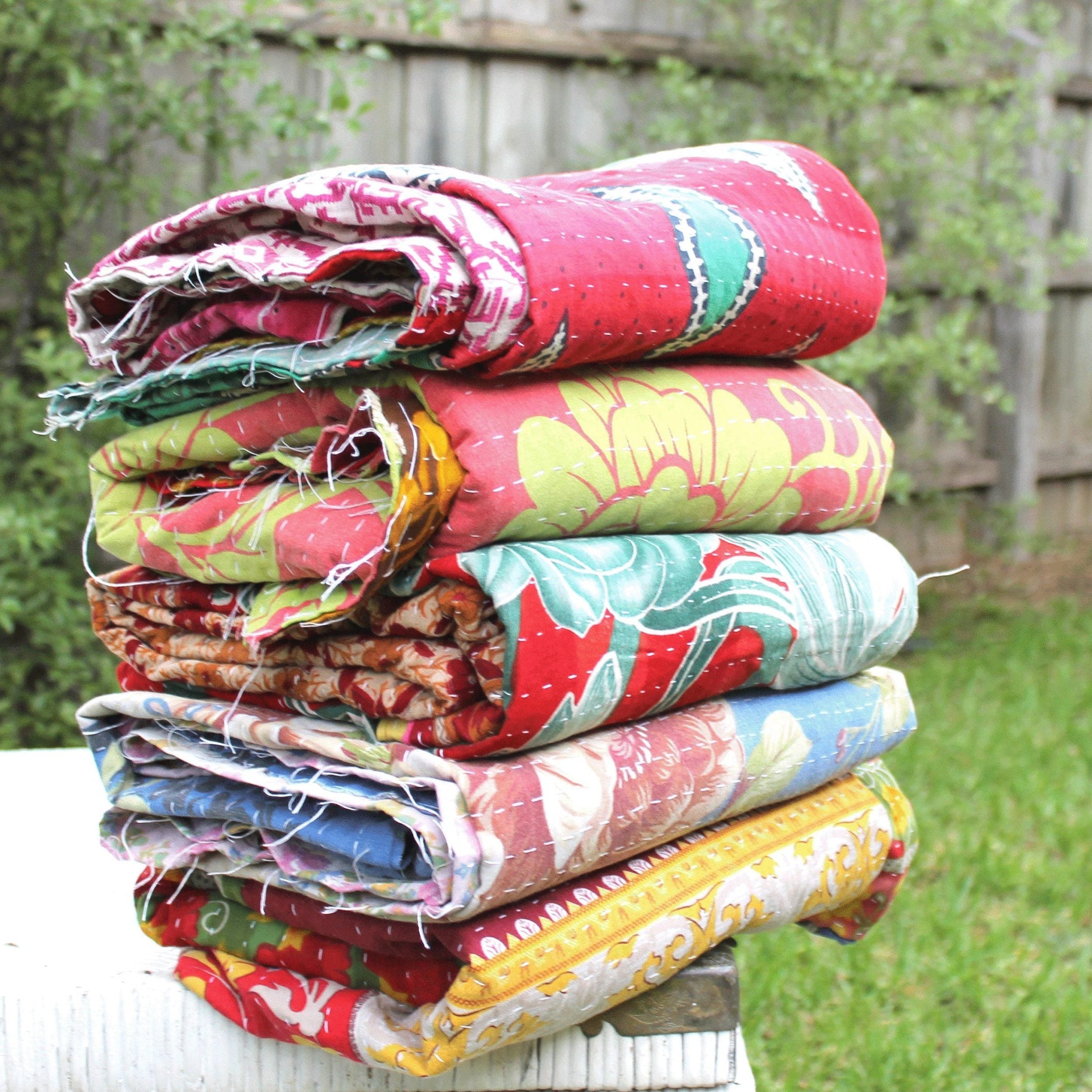 Pink Meadow Handmade Kantha Quilt Throw Duvet