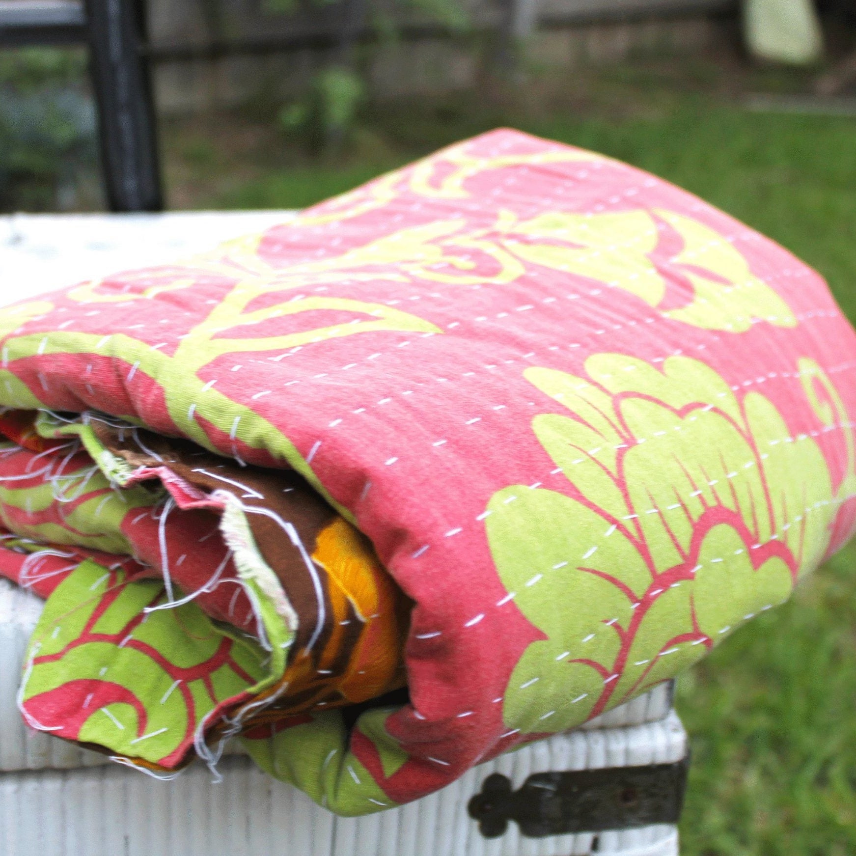 Pink Meadow Handmade Kantha Quilt Throw Duvet