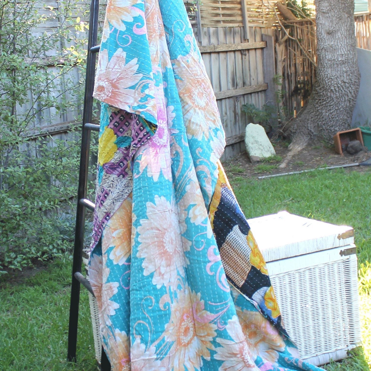 Flower Blooms Kantha Quilt Throw Blanket