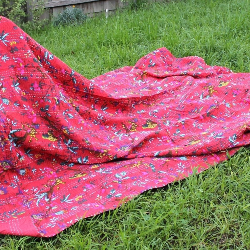 Boho Kantha Quilt - Pink Blossom, Handmade Look