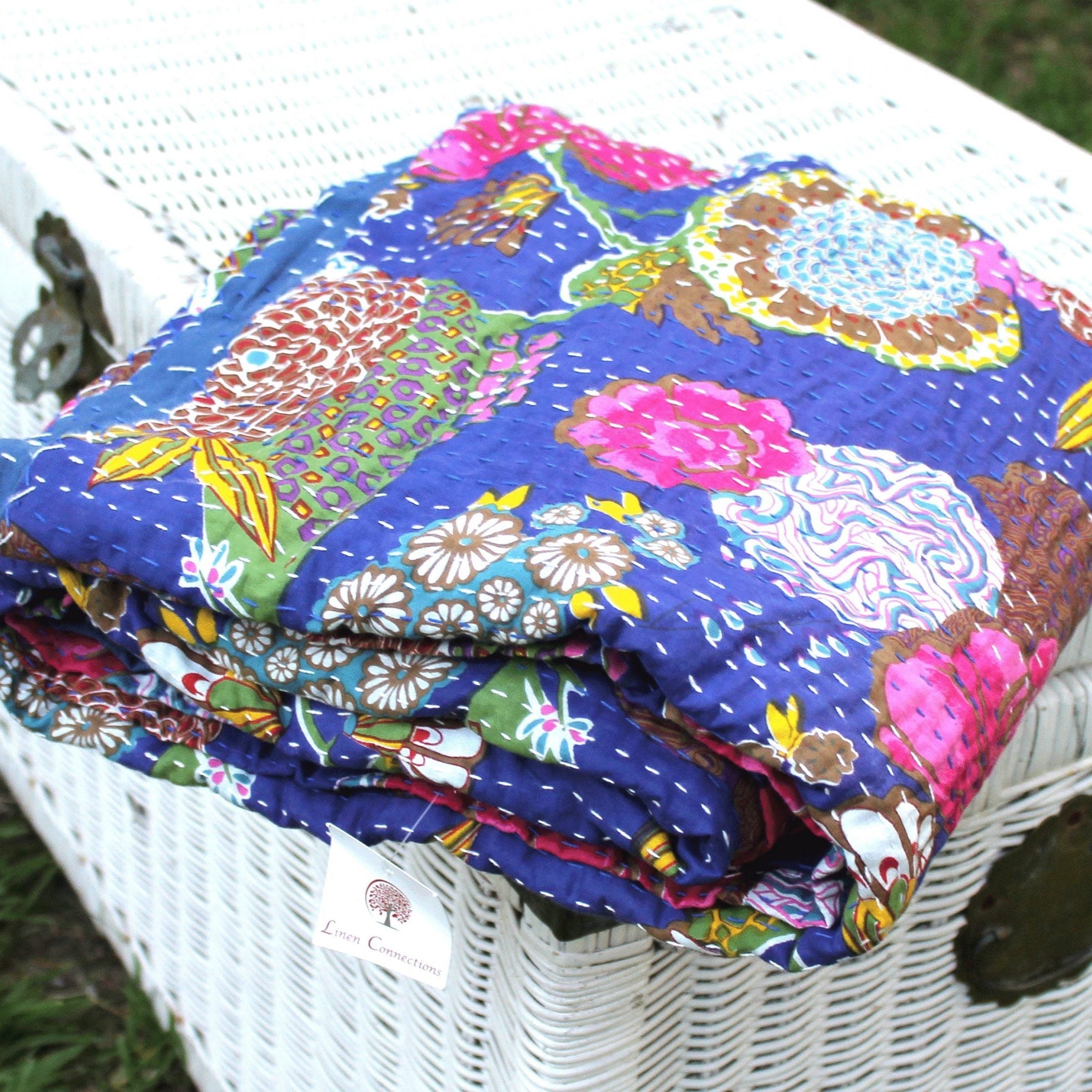 Blue Kantha Quilt - King Size Boho Style