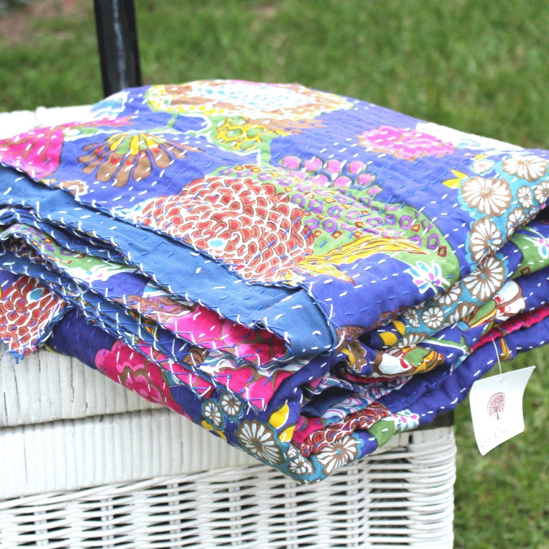 Blue Kantha Quilt - King Size Boho Style