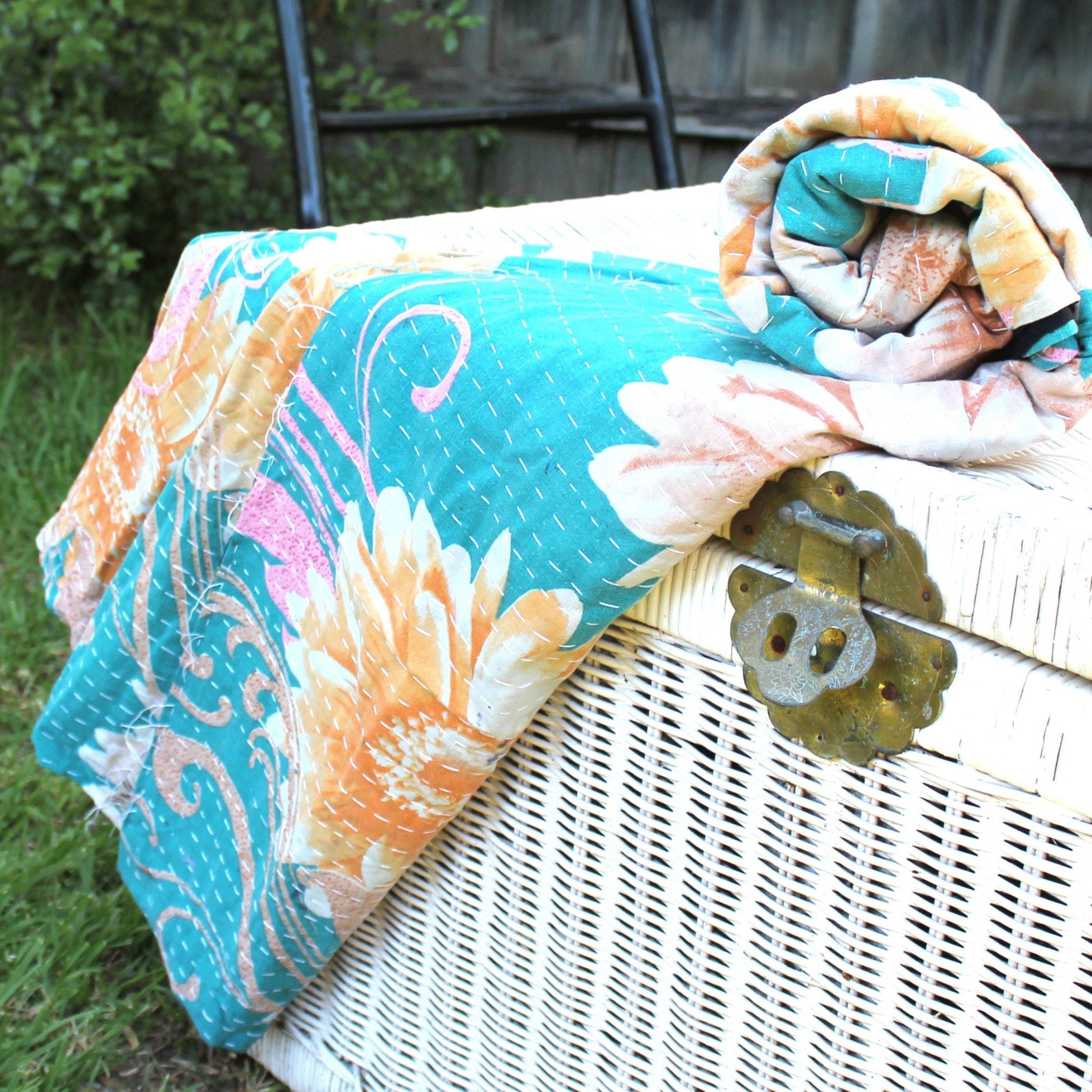 Flower Blooms Kantha Quilt Throw Blanket