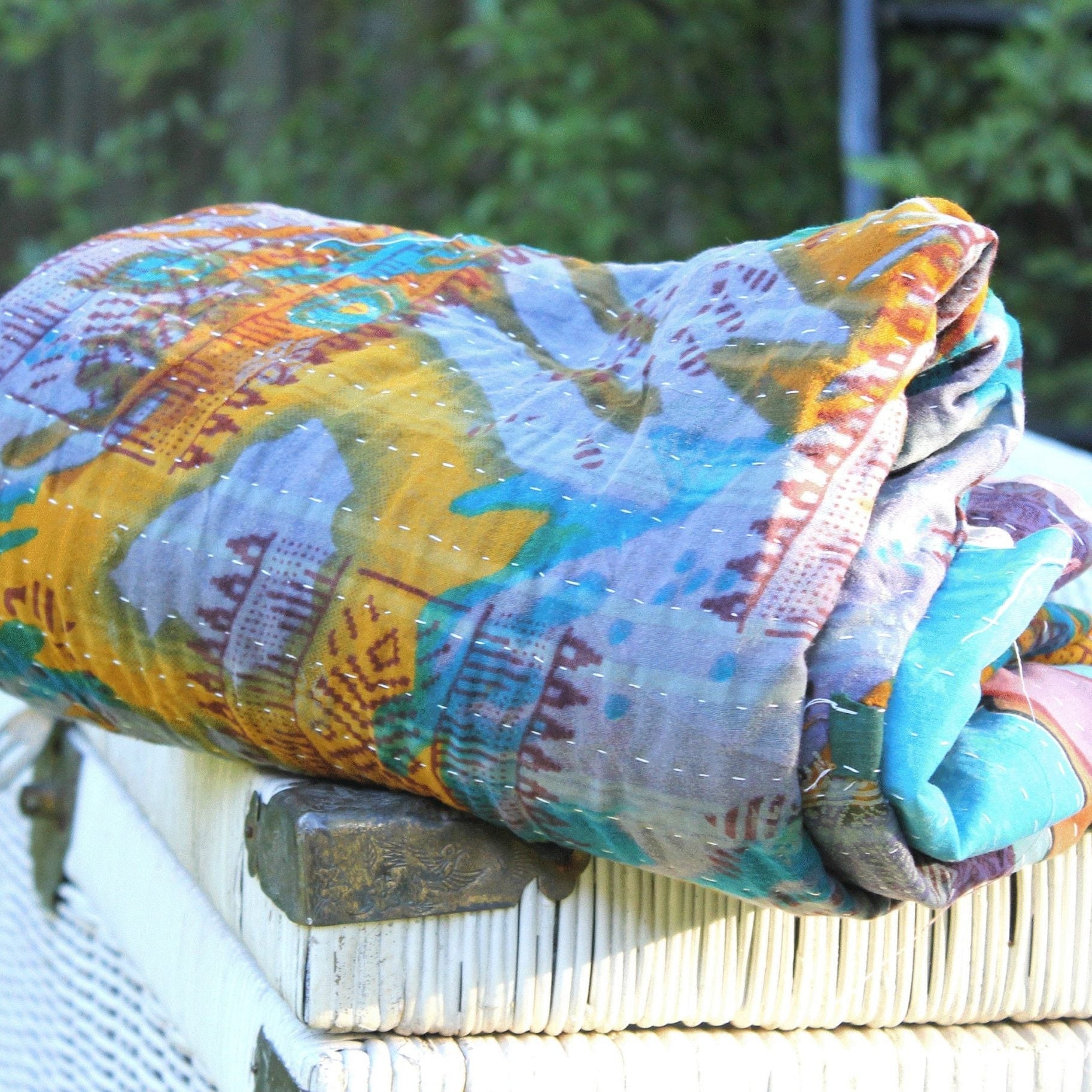 Sunset Handmade Kantha Quilt Throw Blanket