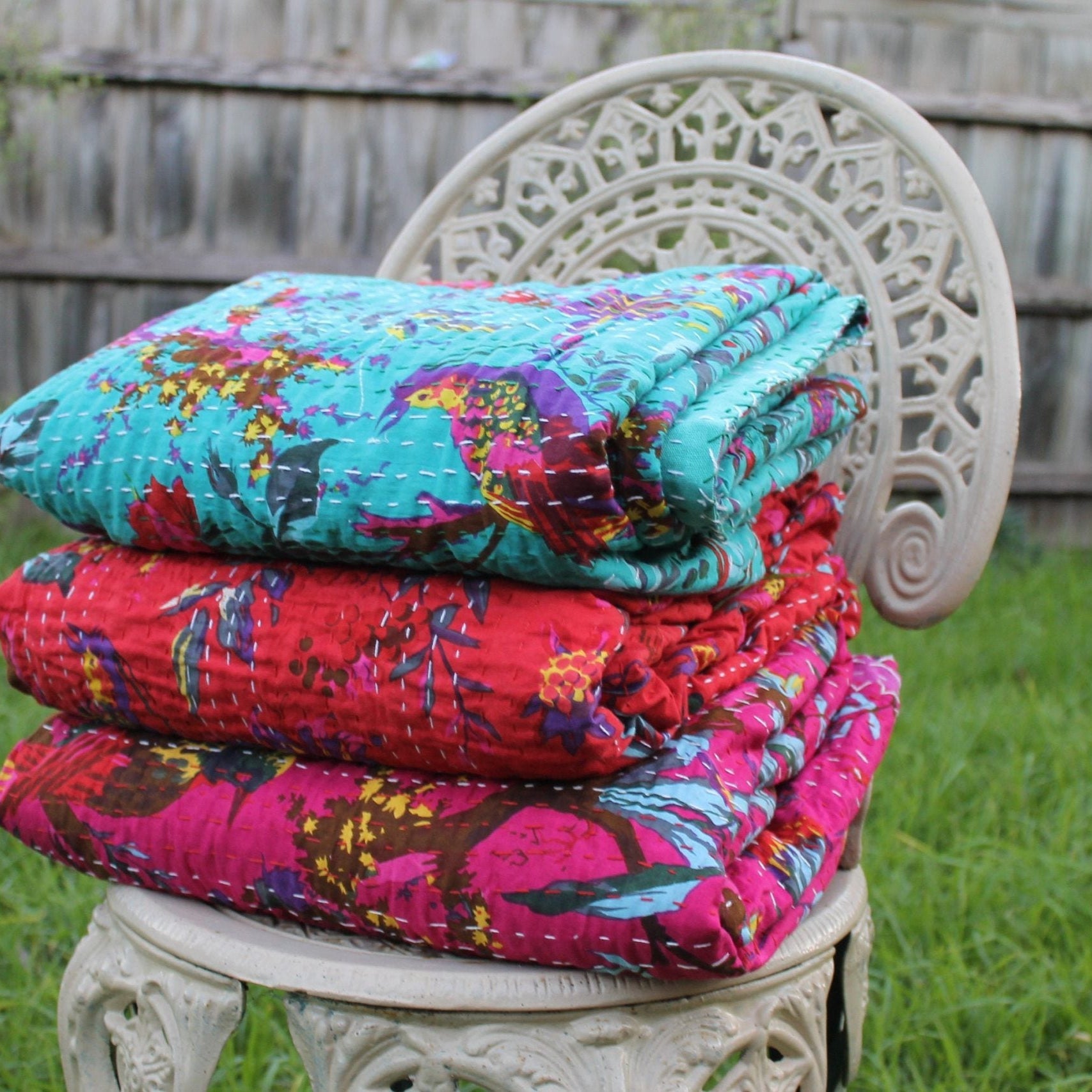 Sky Bird Boho Handmade Kantha Quilt - Elegant